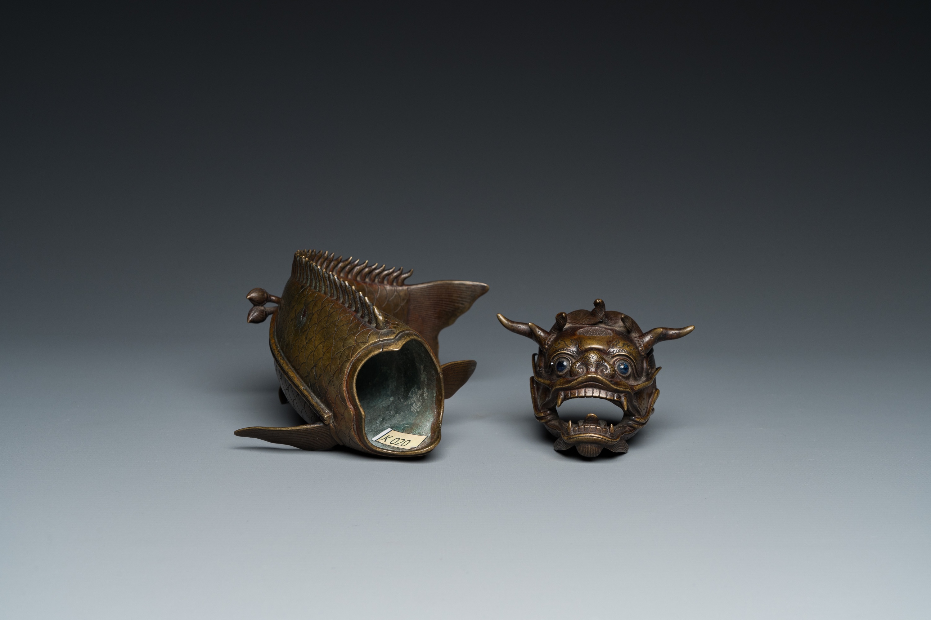 A Chinese bronze dragonfish form censer, Ming - Image 6 of 29