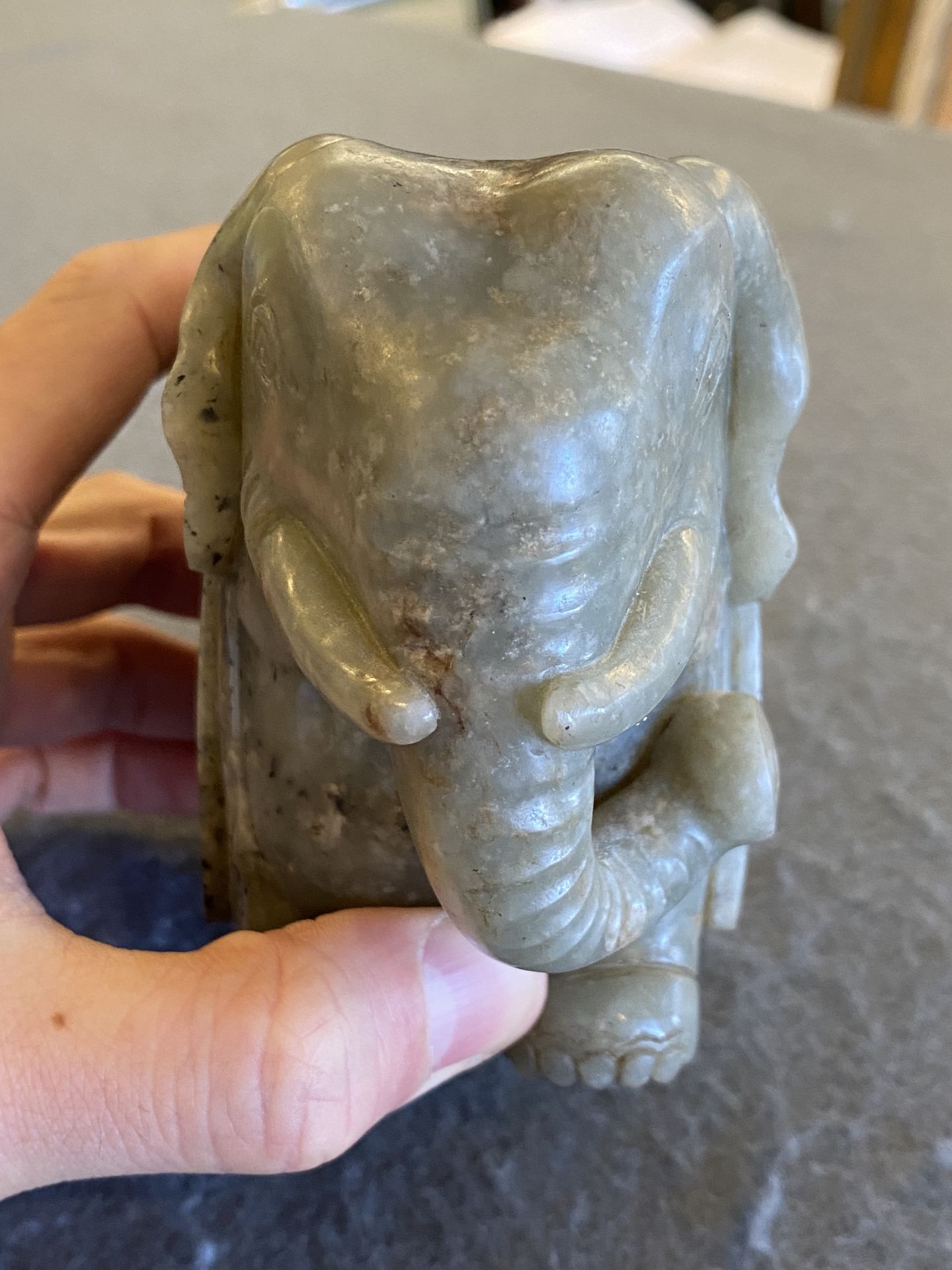 A Chinese grey-speckled celadon jade elephant, Qing - Image 11 of 18