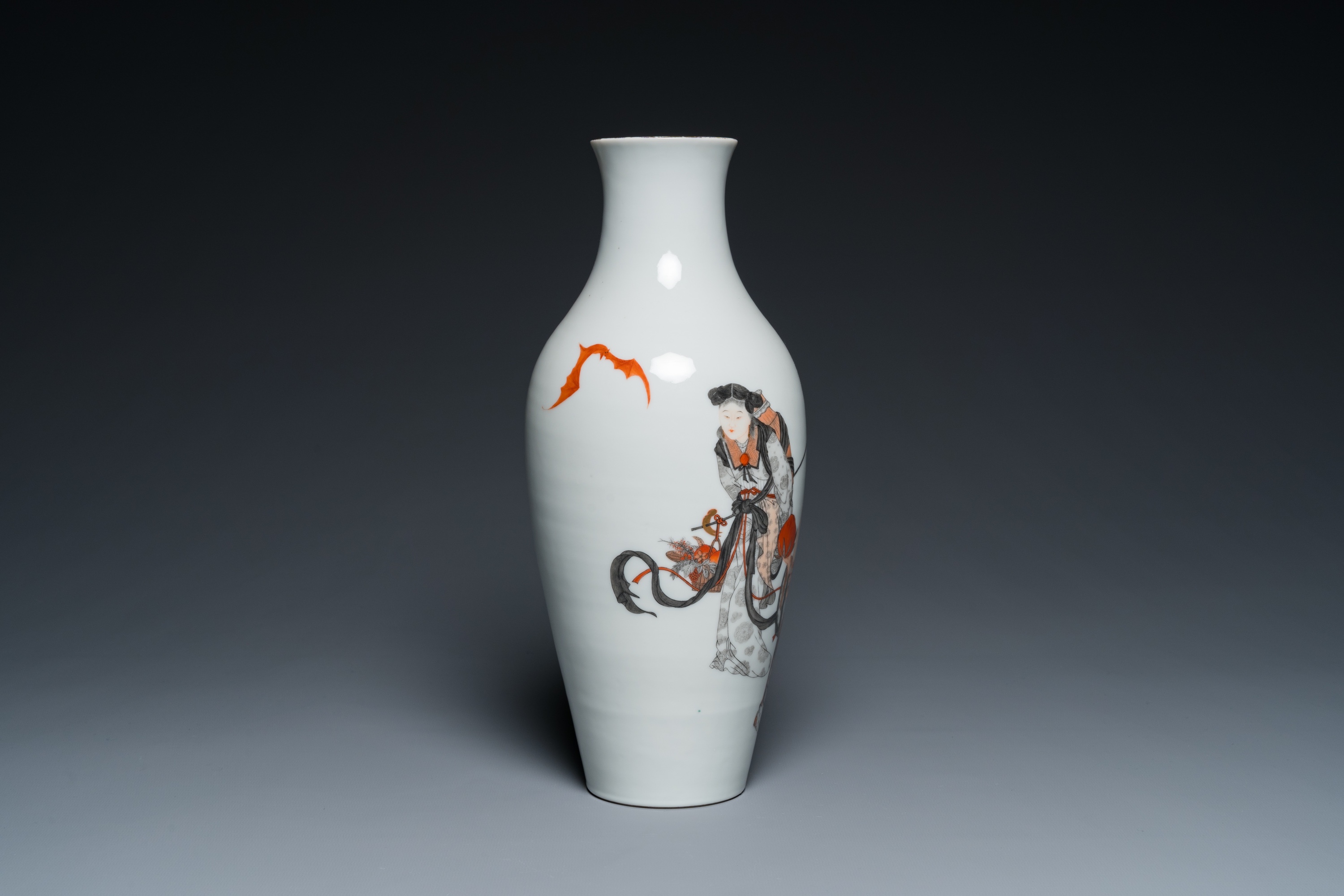 A Chinese iron-red and grisaille 'Shou Lao and Lan Caihe' vase, Hongxian mark, Republic - Image 4 of 14