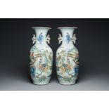 A pair of Chinese famille rose vases with two-sided design, 19/20th C.