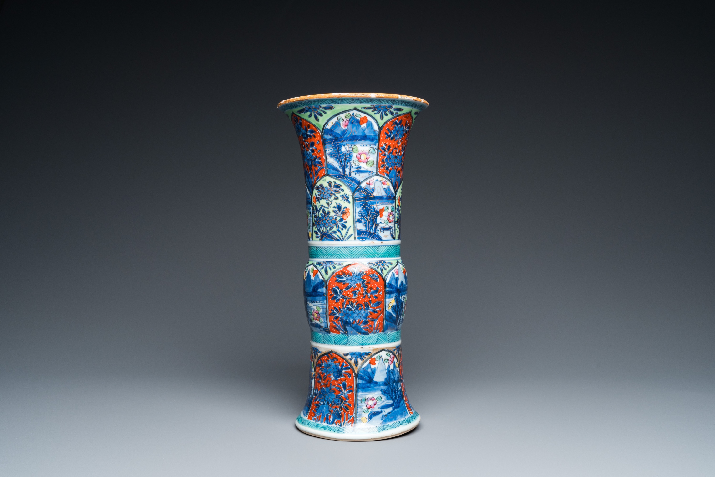 A Chinese blue and white 'gu' vase with European clobbered design, Kangxi - Image 2 of 8