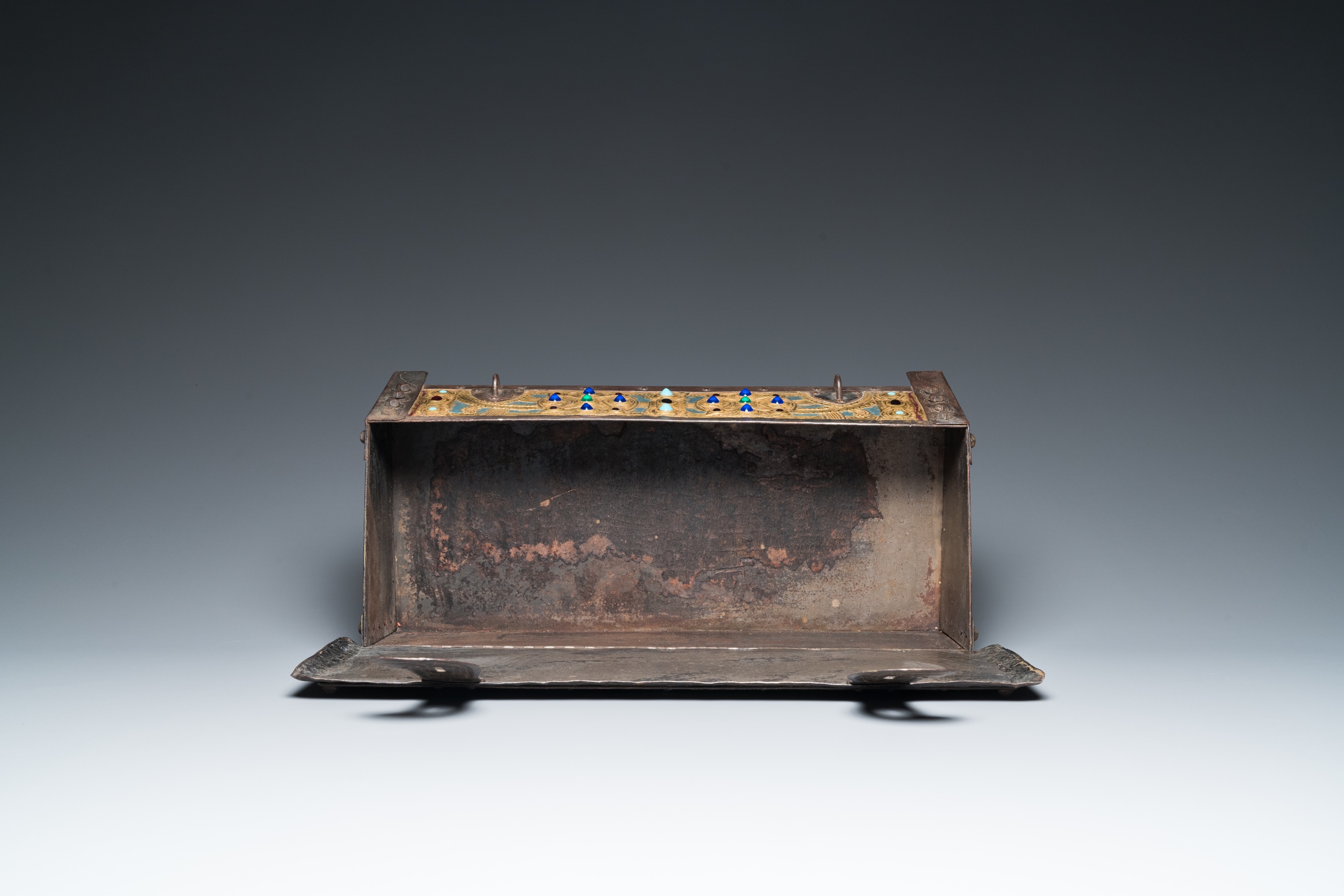 Alfred Daguet (Paris, 1875-1942): A Gothic revival repoussŽ brass and copper-mounted metal box with - Image 10 of 10