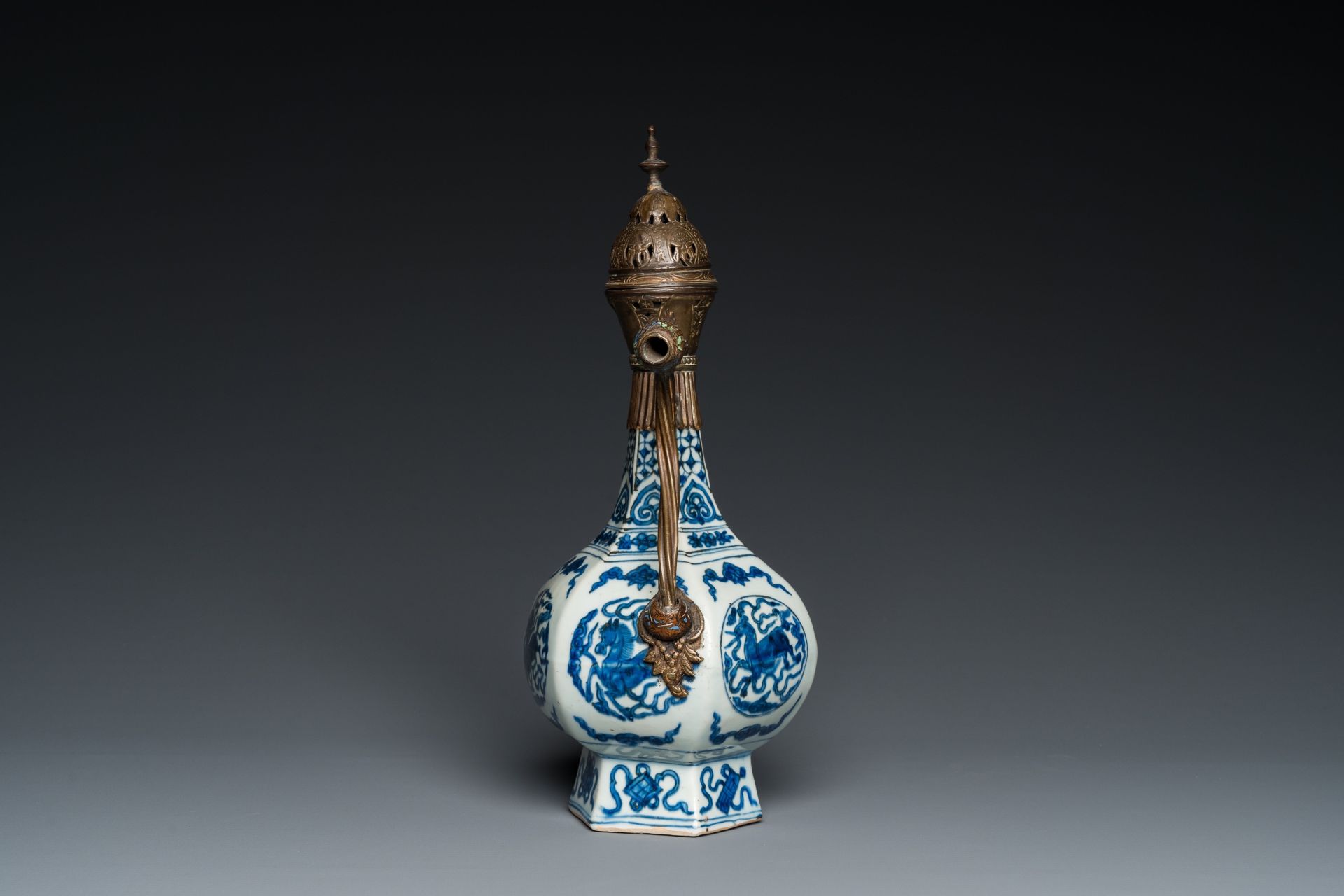 A Chinese blue and white gilt-bronze mounted vase transformed into a ewer for the Ottoman market, Ji - Image 4 of 21