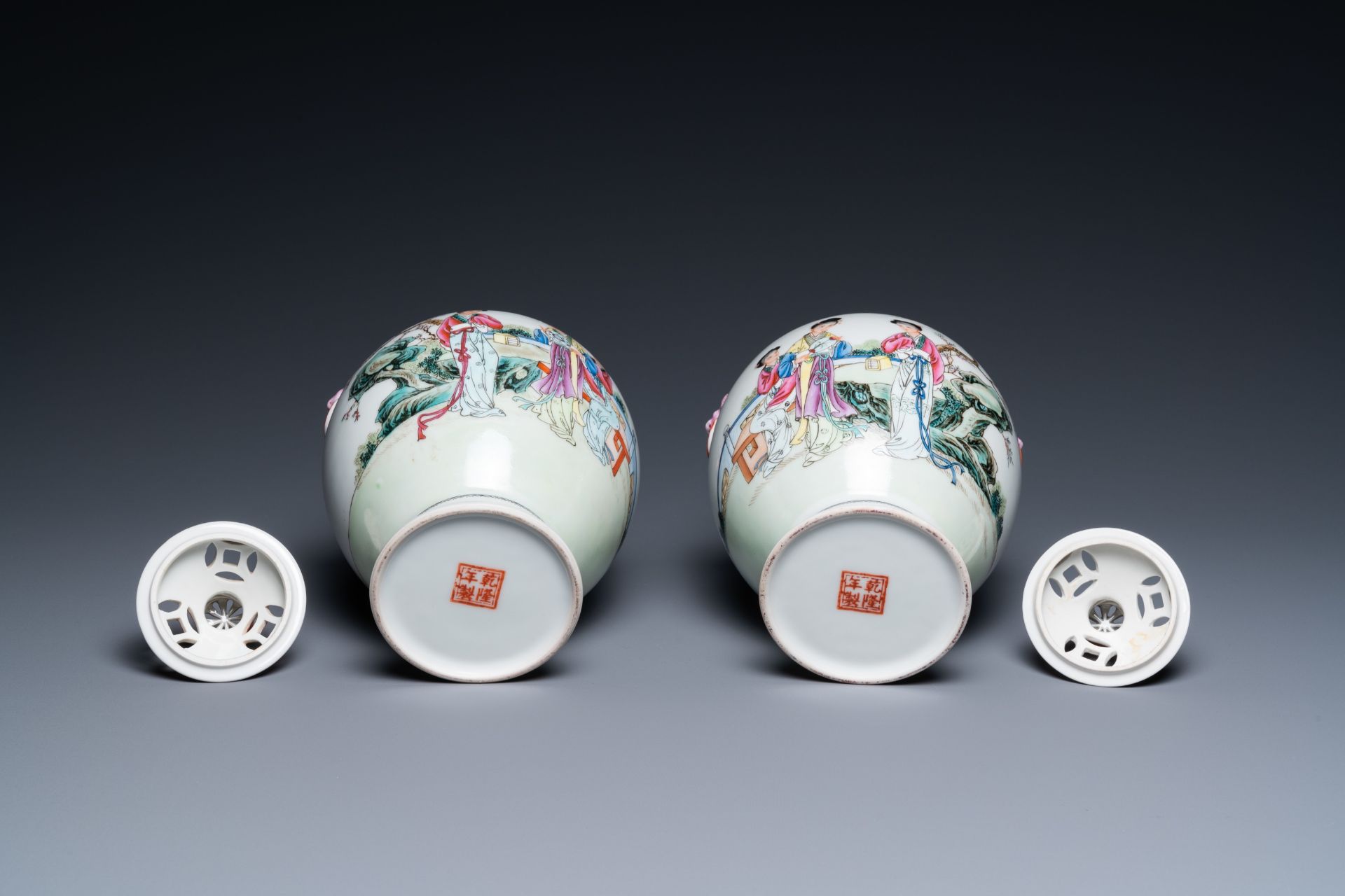 A pair of Chinese famille rose vases with reticulated covers, Qianlong mark, Republic - Image 6 of 17