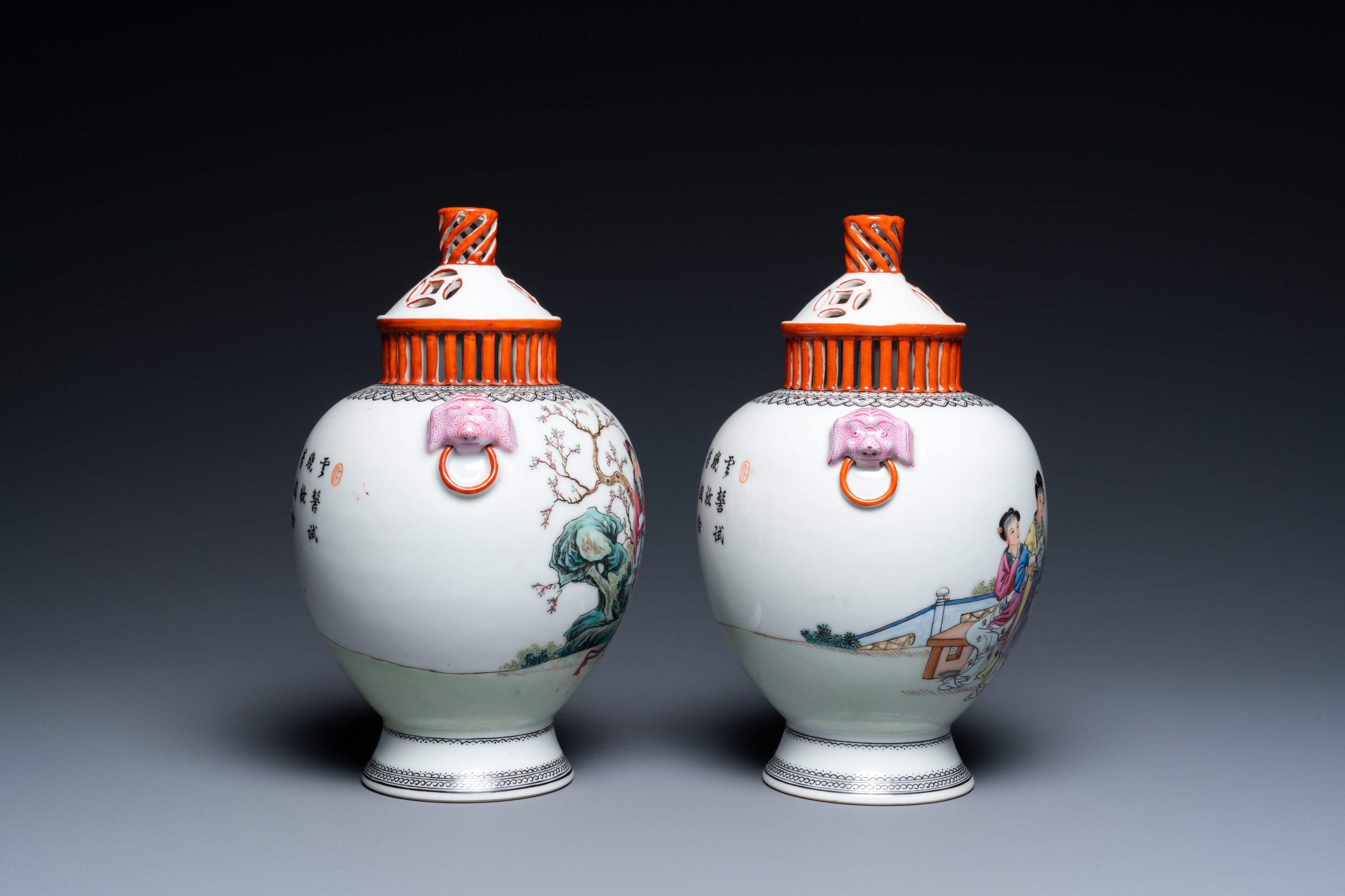 A pair of Chinese famille rose vases with reticulated covers, Qianlong mark, Republic - Image 3 of 17