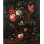 Van Verendael, Nicolaes (1640-1691, attr. to): Floral still life in urn with butterfly, oil on canva