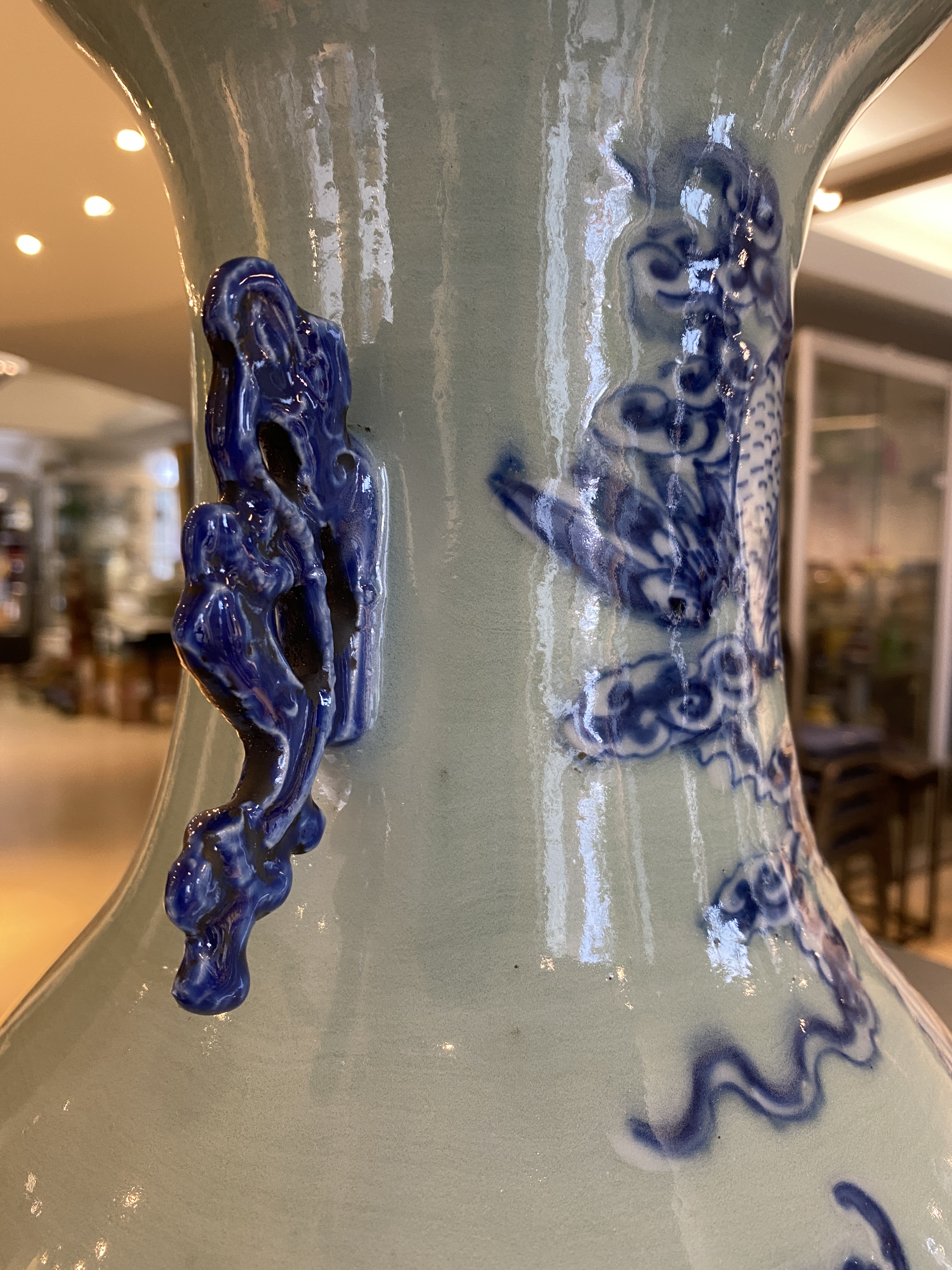 A Chinese blue and white celadon-ground 'immortals' vase, 19th C. - Image 14 of 17