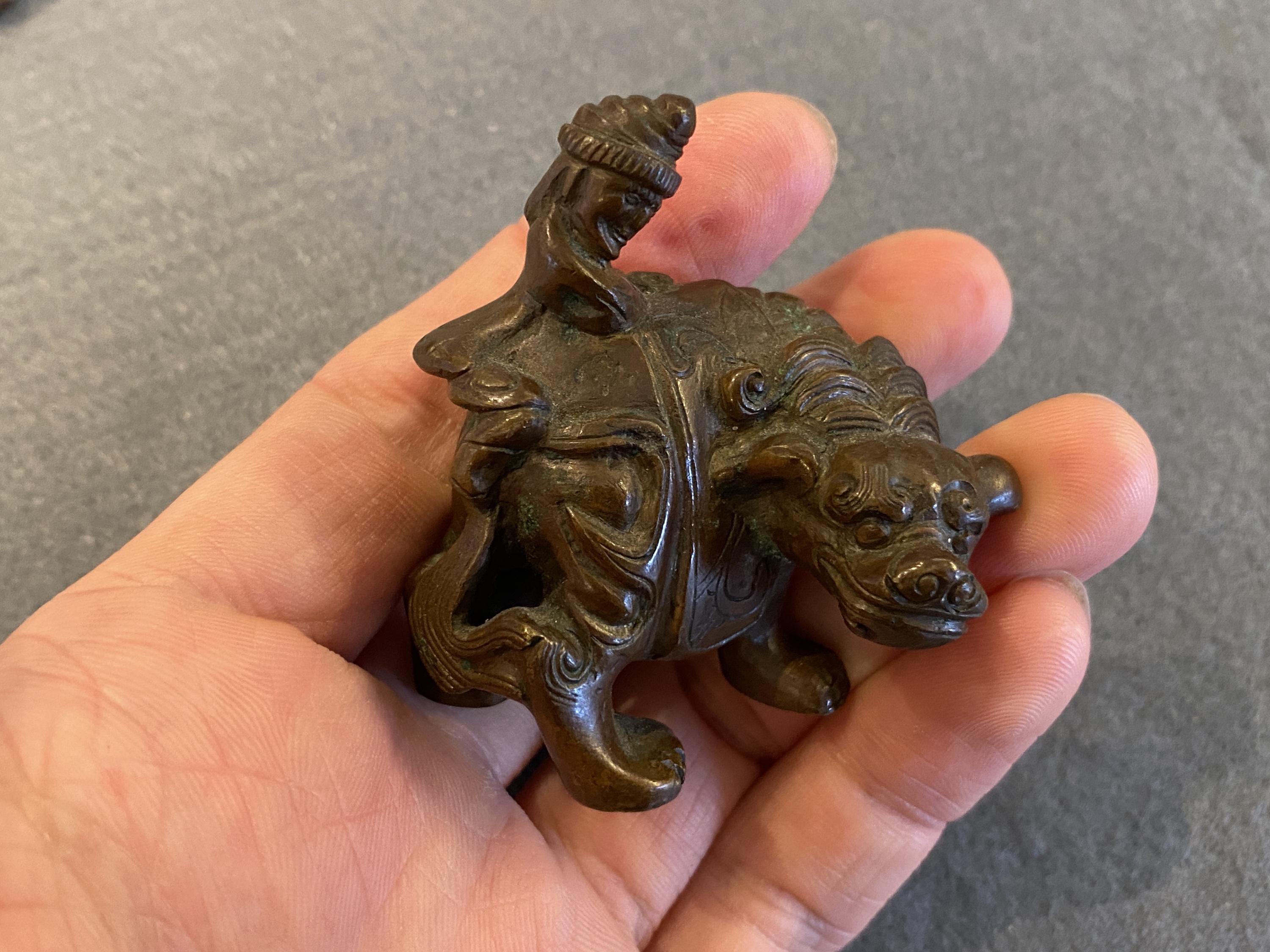 Two Chinese bronze scroll Weights with Sogdian riders on a Buddhist lion and an elephant, Qi - Image 15 of 19