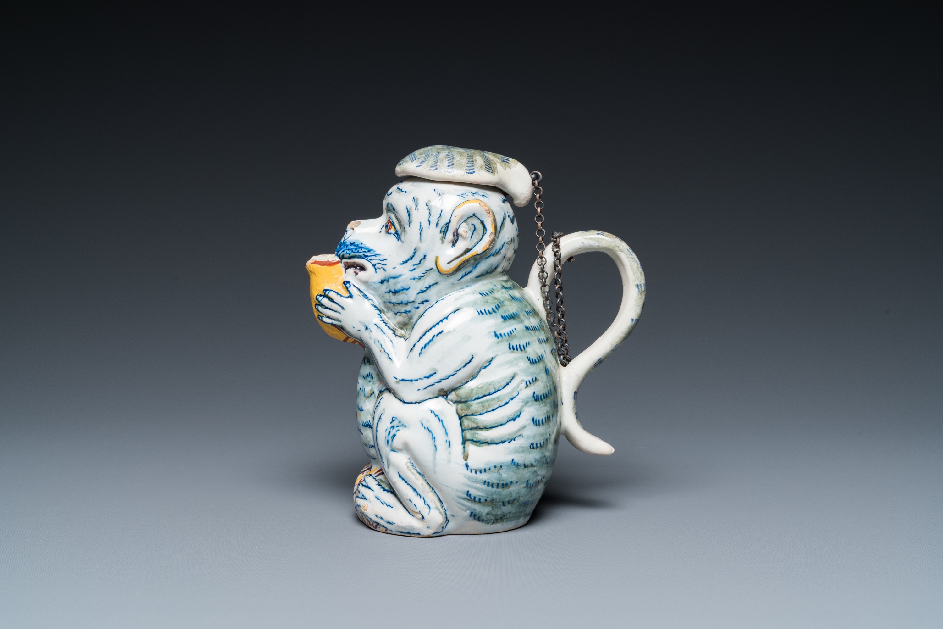 A polychrome Dutch Delft 'monkey' jug, 18th C; - Image 5 of 7