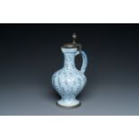 A German blue and white pewter-mounted twisted ewer, Frankfurt, 17th C.