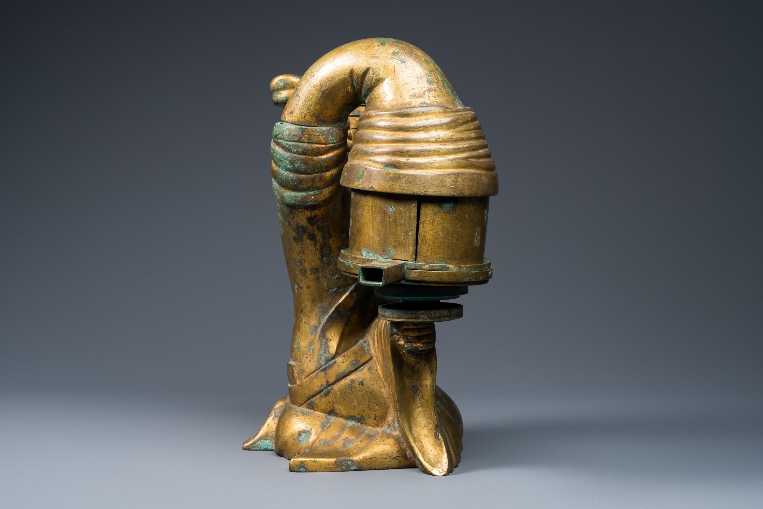 A large Chinese gilt bronze oil lamp in the shape of a kneeling figure, after a Han Dynasty example - Image 6 of 25