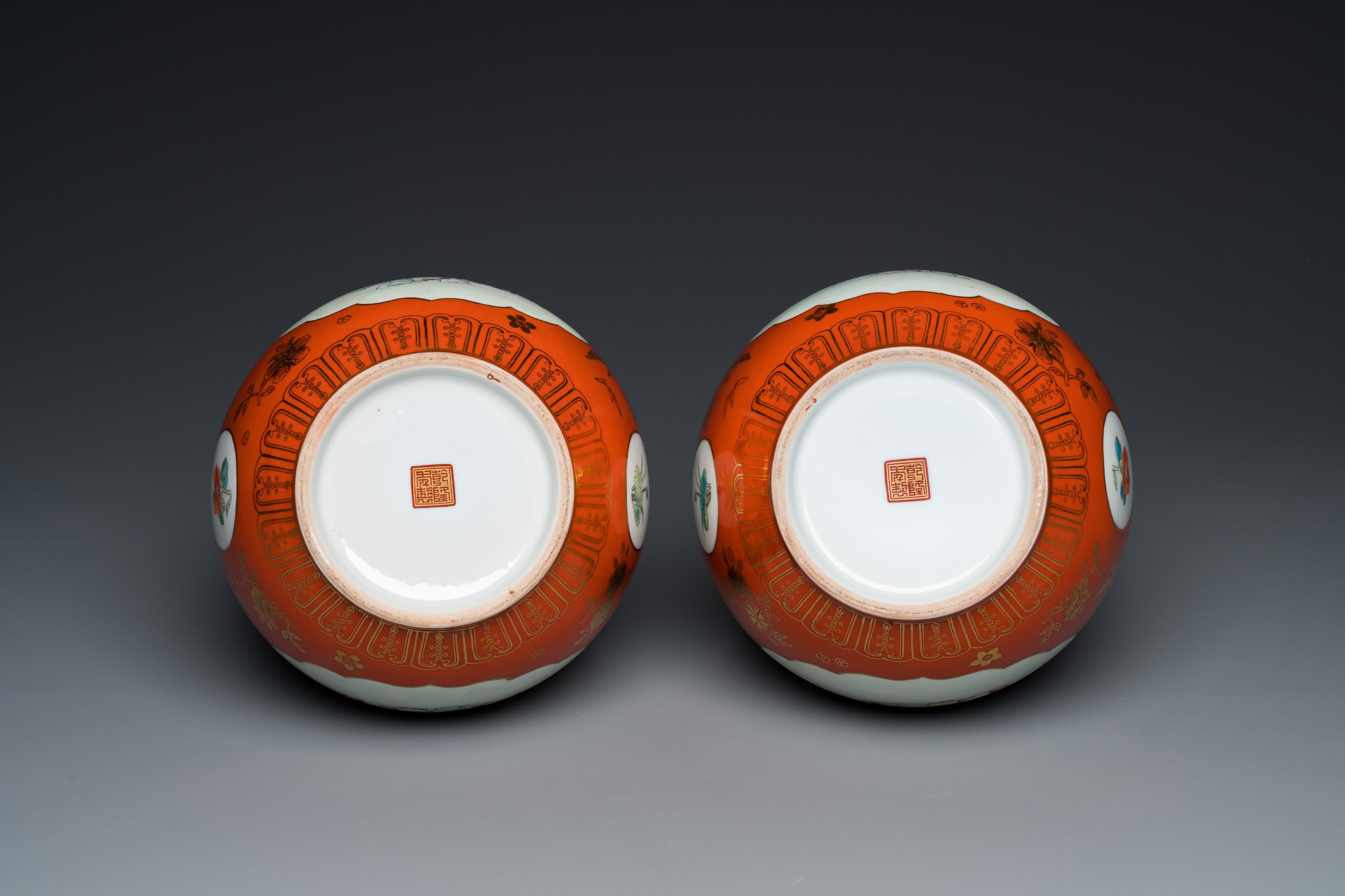 A pair of Chinese coral-ground famille rose double gourd vases, Qianlong mark, Republic - Image 6 of 6
