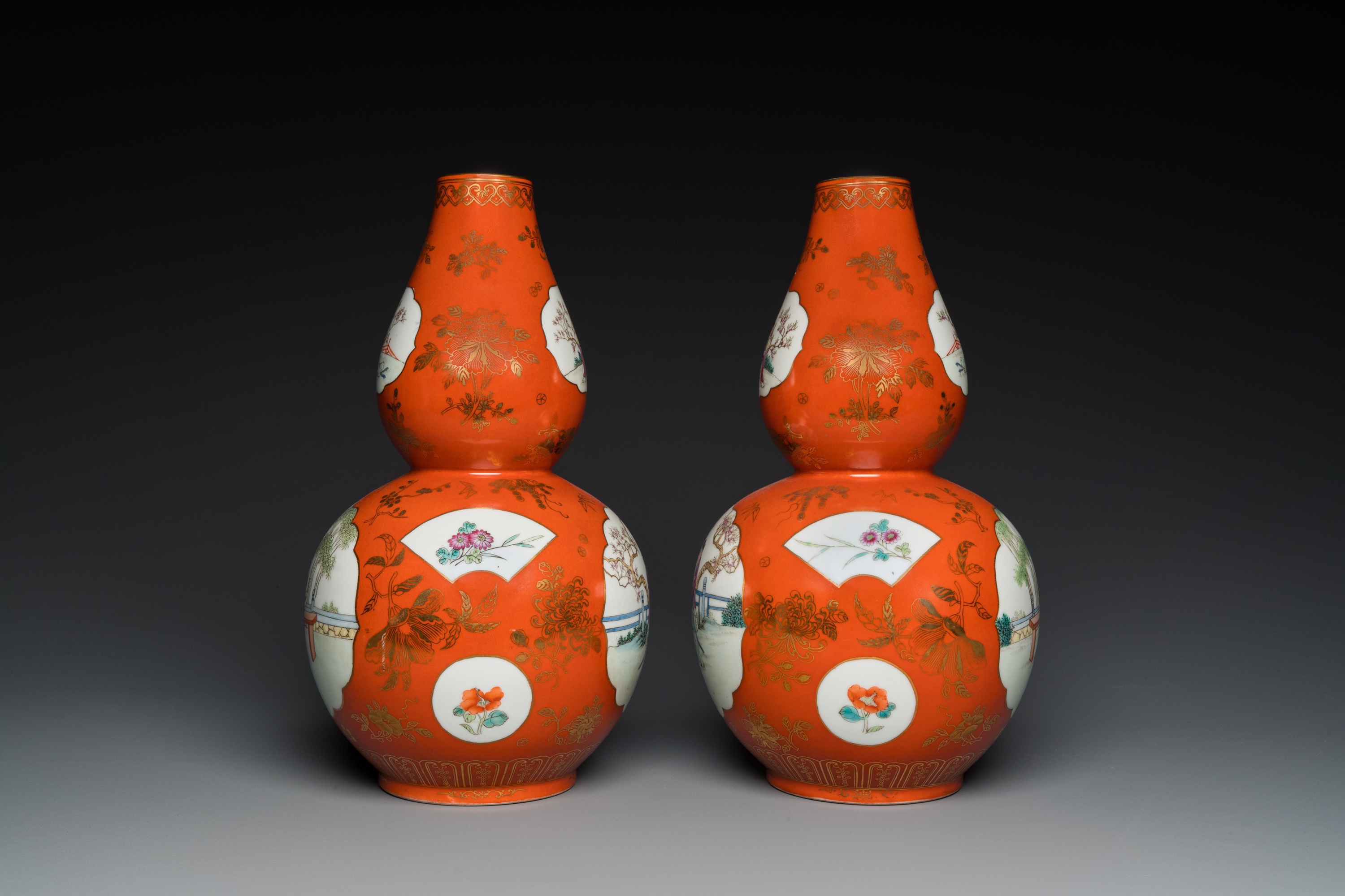 A pair of Chinese coral-ground famille rose double gourd vases, Qianlong mark, Republic - Image 4 of 6