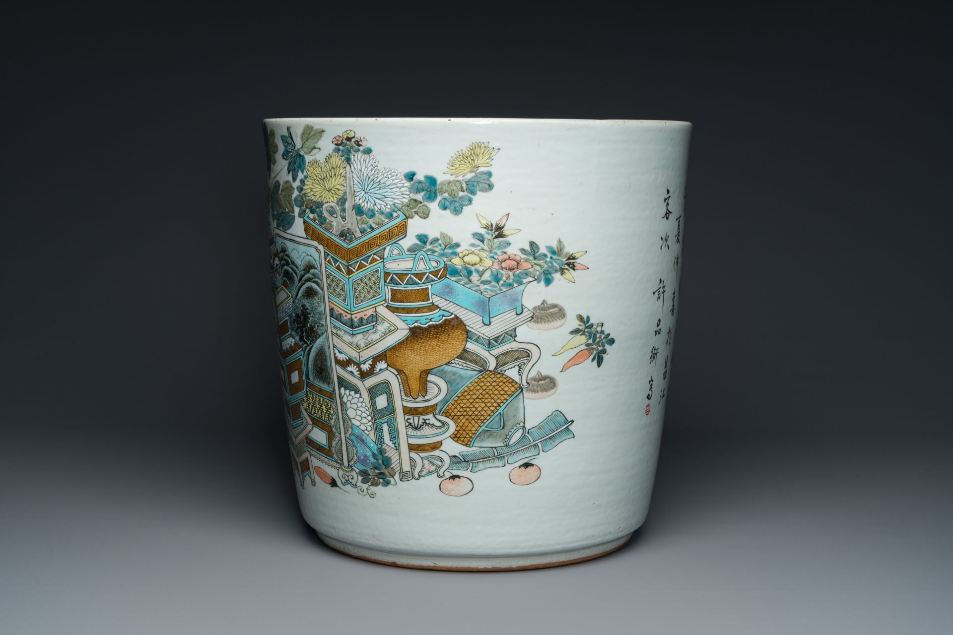 A Chinese qianjiang cai 'antiquities' jardinire, Xu Pinheng mark ___, dated 1894 - Image 3 of 24