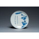 A Chinese blue and white ko-sometsuke 'peach tree and poem' dish for the Japanese market, Chongzhen