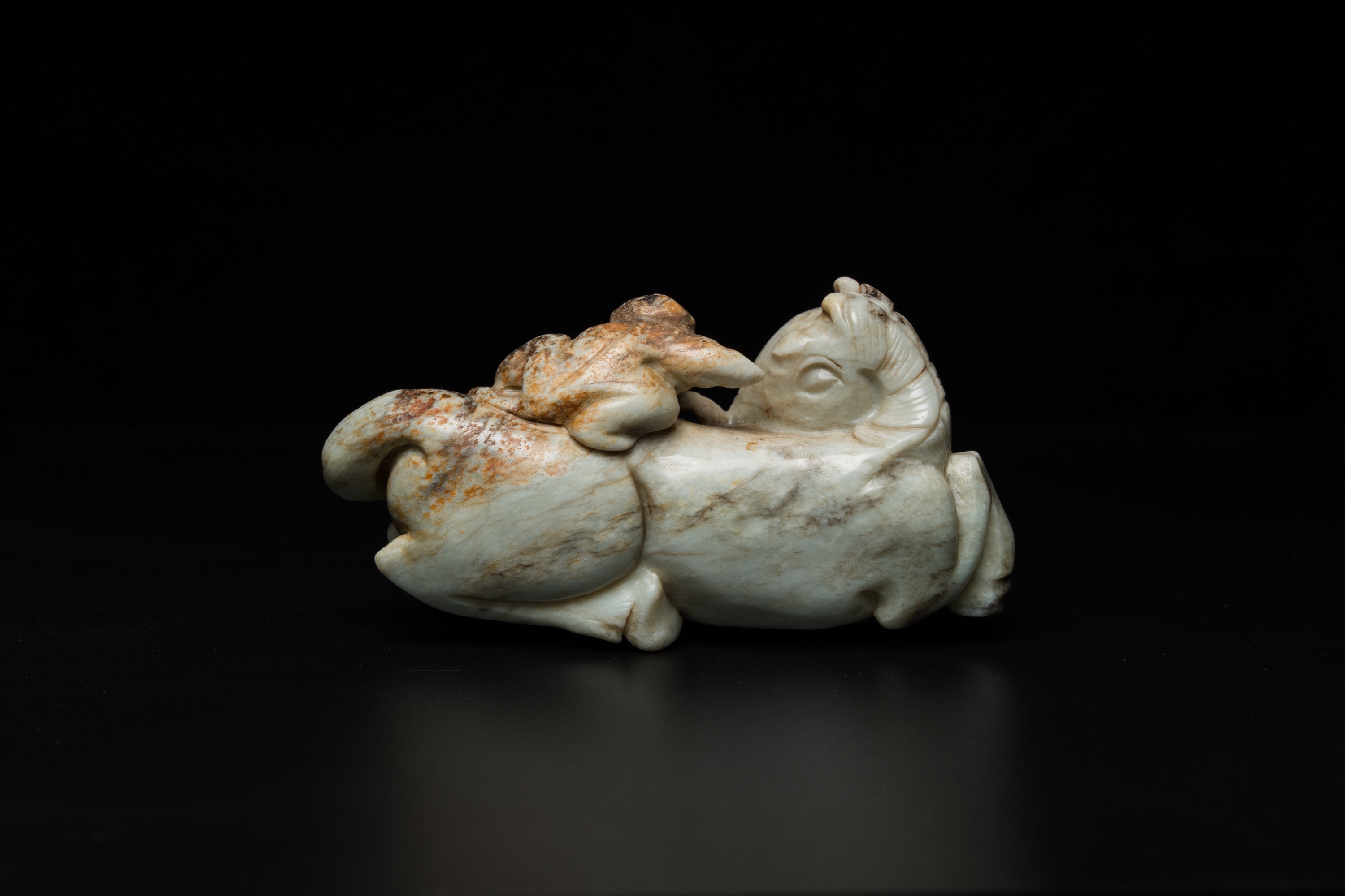 A Chinese greyish green jade 'horse and monkey' carving, probably Ming - Image 3 of 14