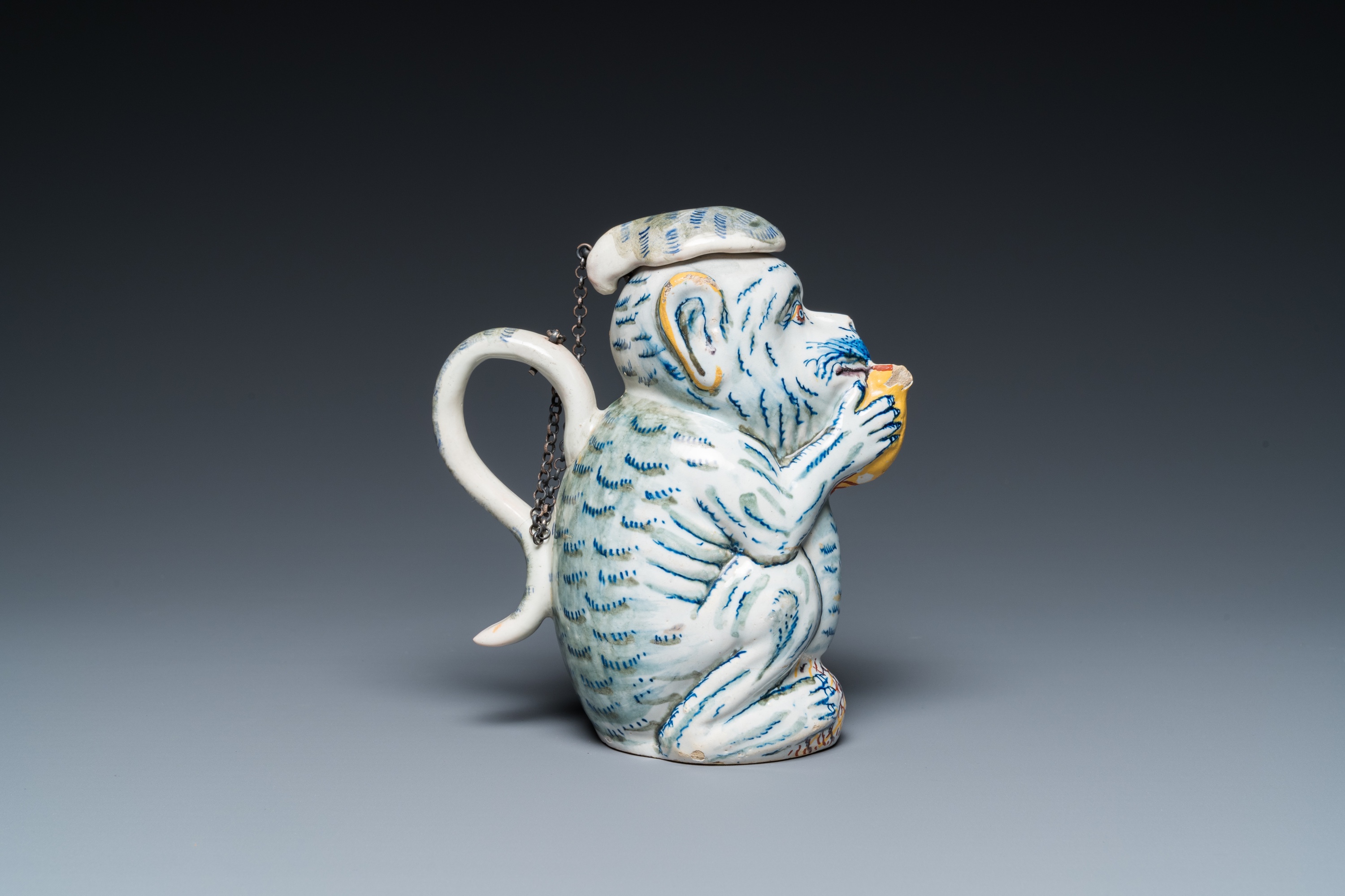 A polychrome Dutch Delft 'monkey' jug, 18th C; - Image 3 of 7