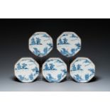 Five blue and white Japanese Arita octagonal tea ceremony plates, Edo, 18th C.