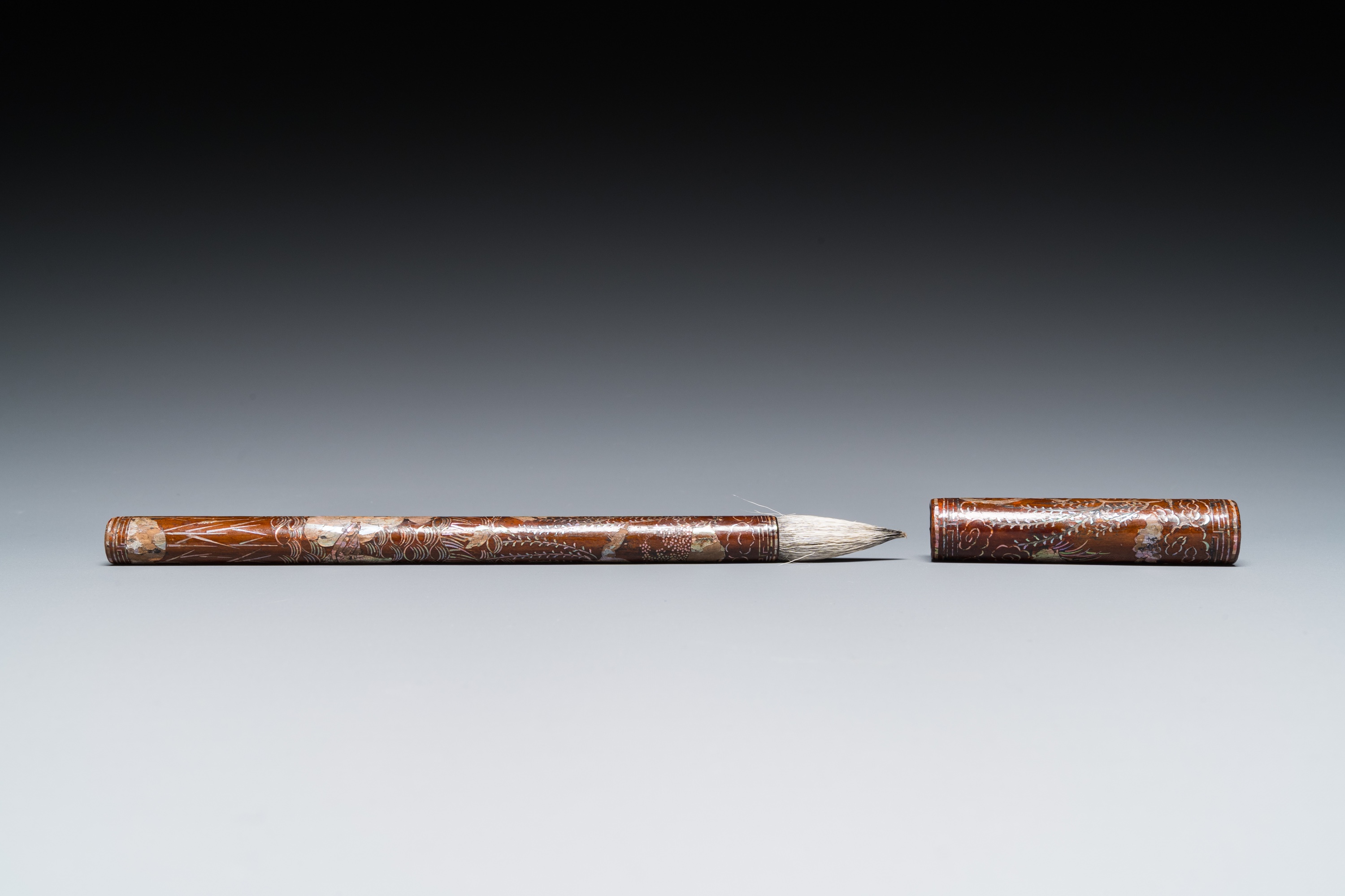 A Chinese mother-of-pearl-inlaid brown lacquer brush, Ming - Image 3 of 8