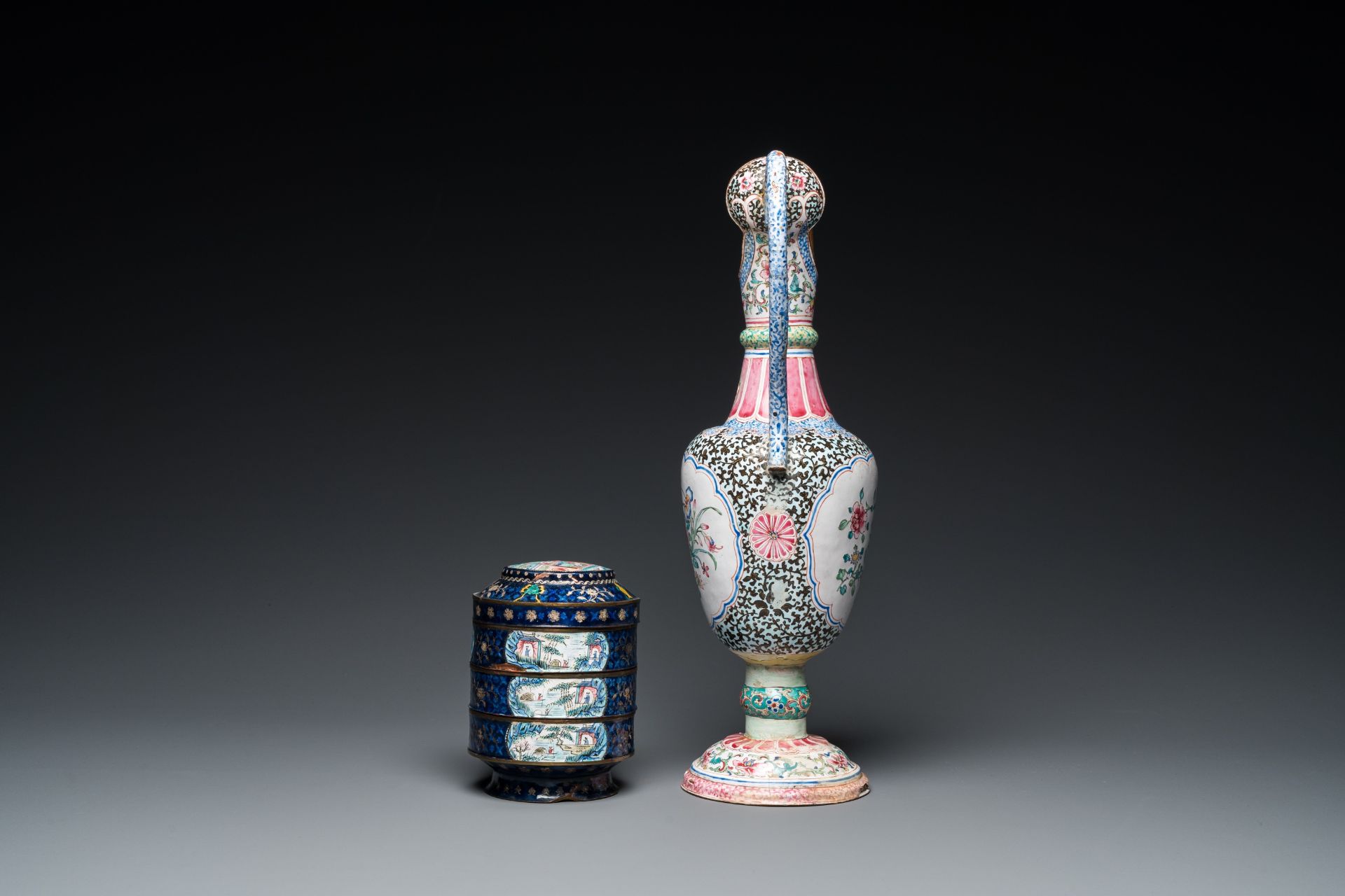 Two Chinese Canton enamel dishes, a ewer, a mirror handle and a stacking box, 18/19th C. - Image 5 of 11