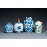 Three Chinese blue and white vases and one in famille verte, Kangxi and later