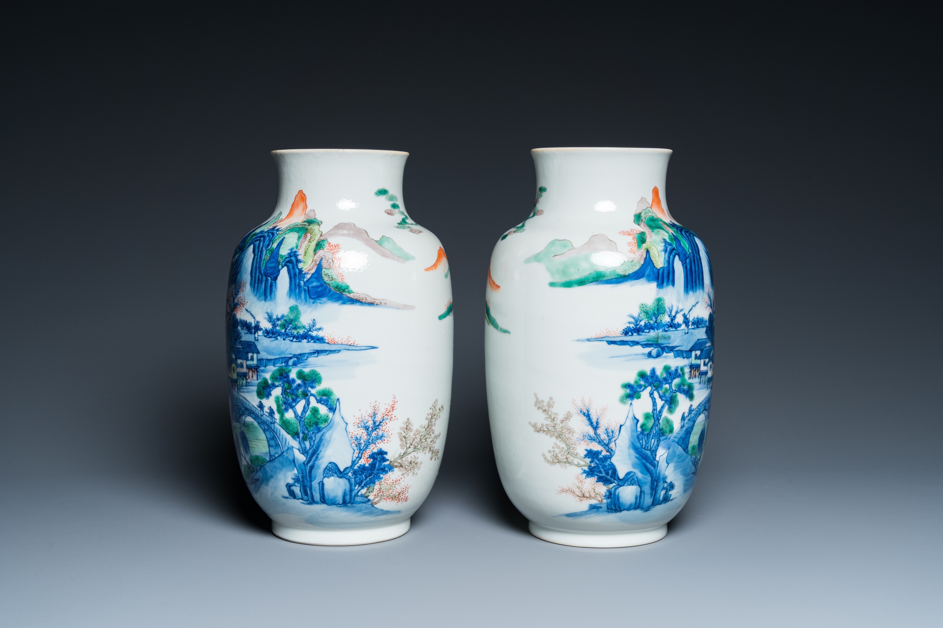 A pair of Chinese famille verte vases with fine landscapes, Yongzheng mark, 19/20th C. - Image 2 of 30