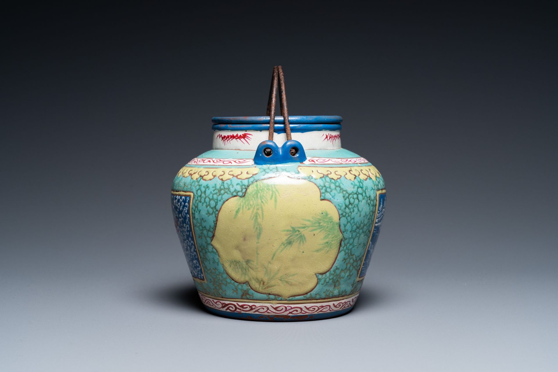 A Chinese enamelled Yixing stoneware teapot and cover, 19th C. - Image 4 of 23