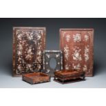 Two mother-of-pearl-inlaid wooden trays, two opium trays and an oval frame, China and/or Vietnam, 19