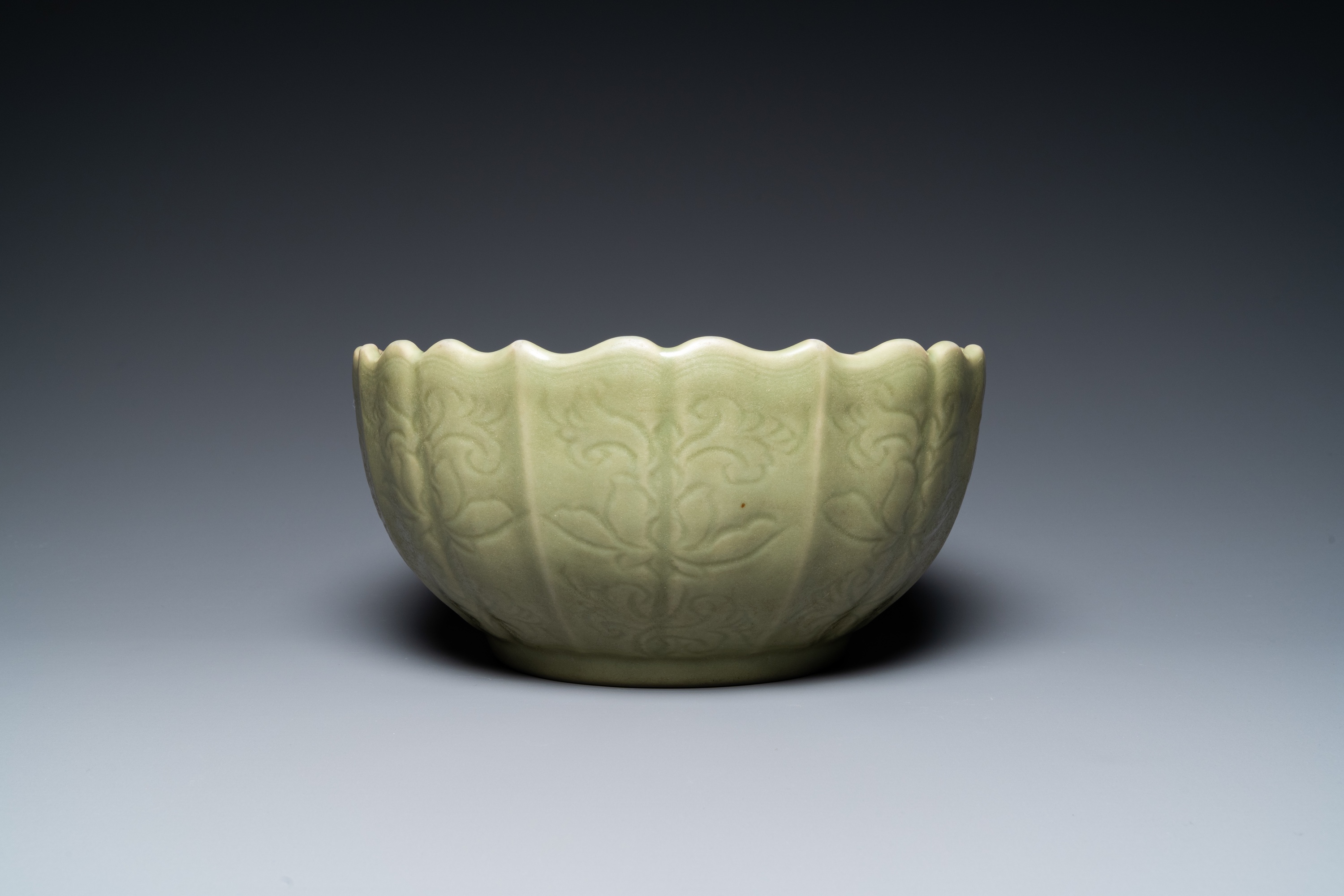 A large Chinese Longquan celadon bowl with underglaze lotus design, Ming - Image 4 of 17