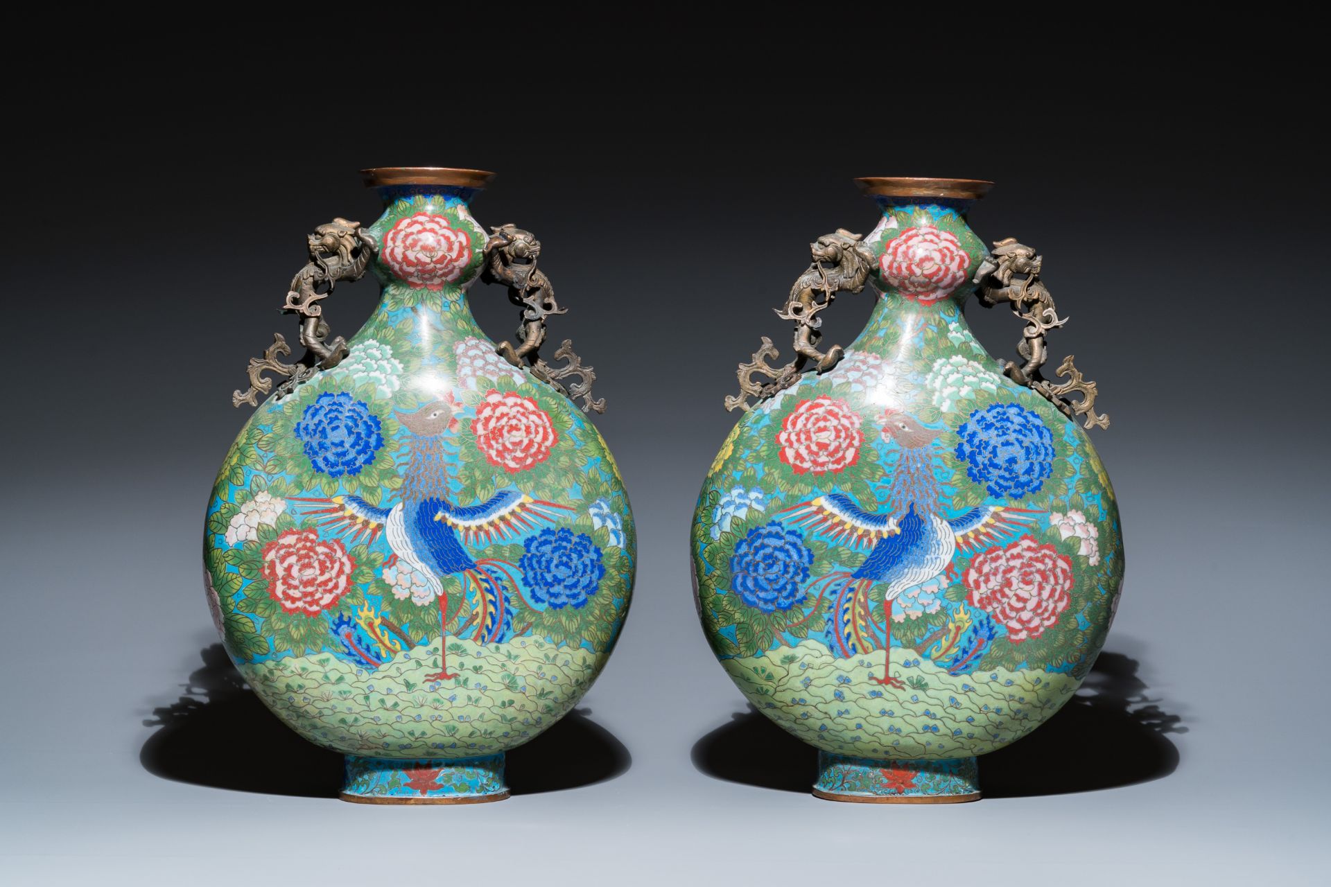 A pair of Chinese cloisonnŽ 'moonflask' vases, bianhu, Jiaqing