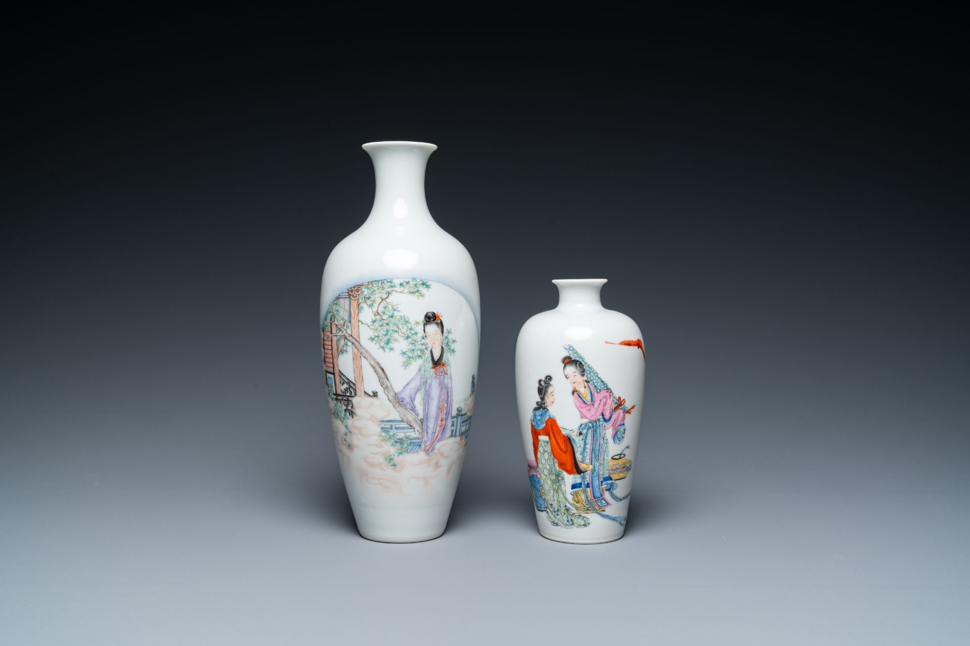 Two Chinese famille rose ÔladiesÕ vases, one with Qianlong mark, 20th C.