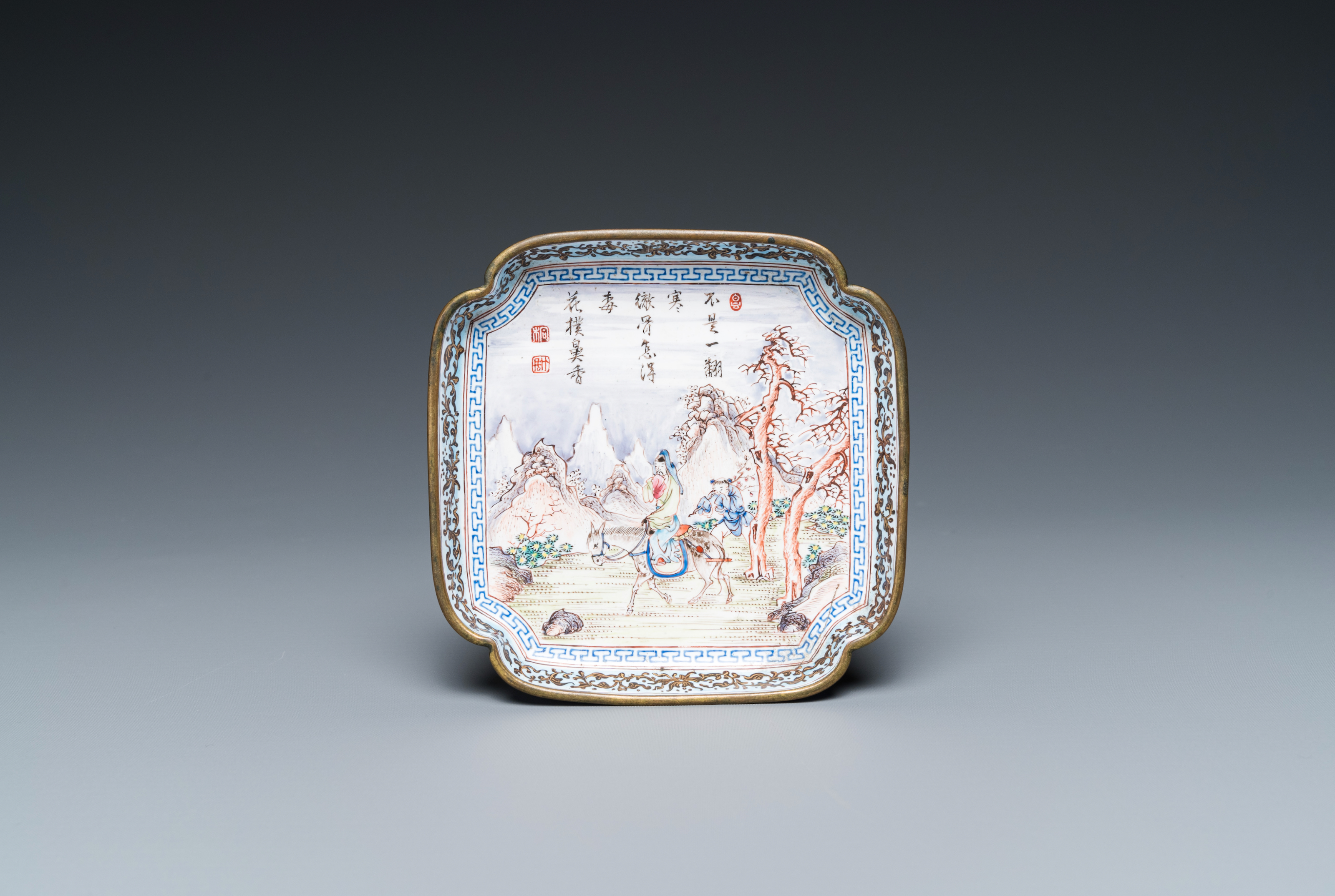 A square Chinese Canton enamel 'scholar' tray with a poem, Qianlong