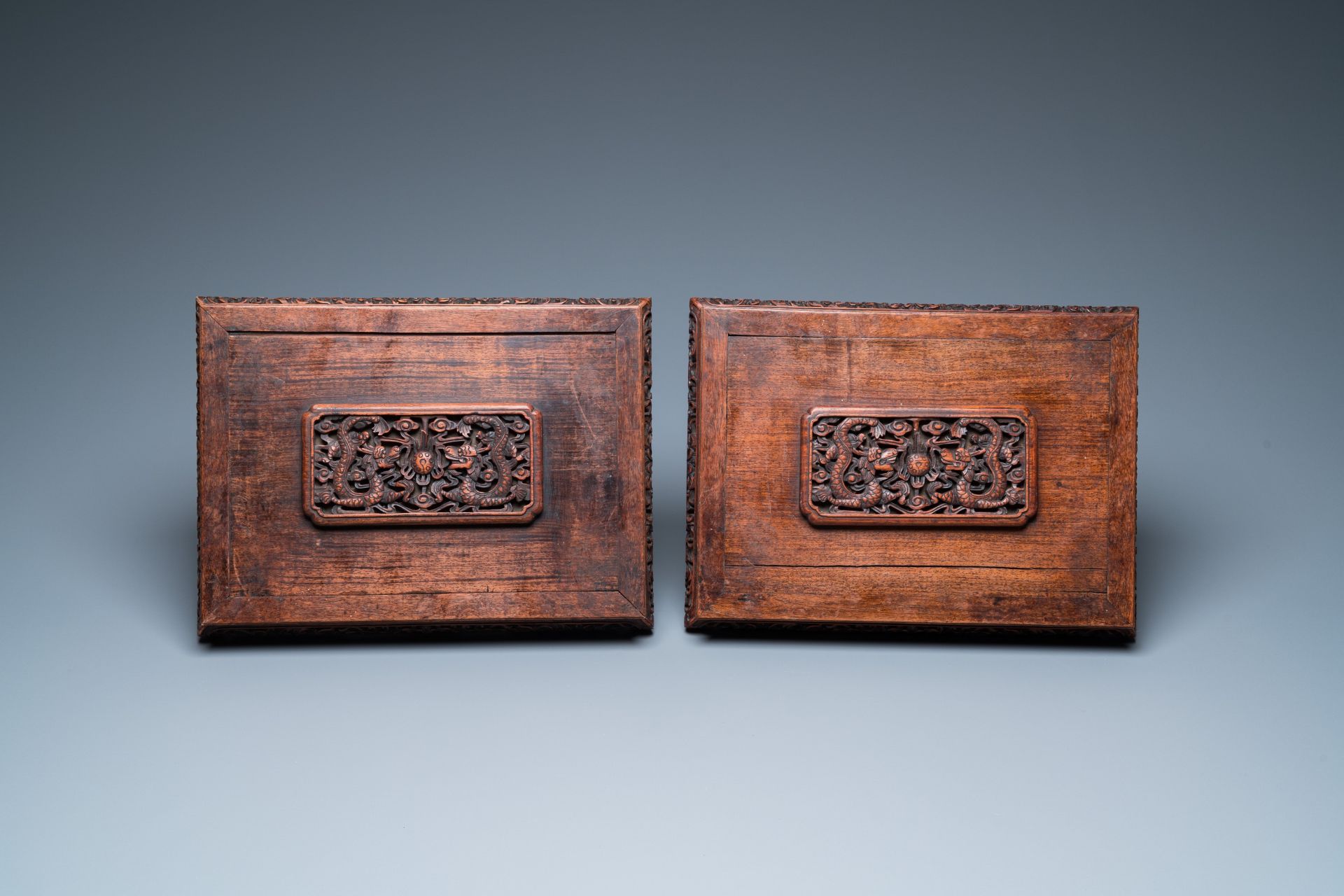 A pair of large Chinese cloisonnŽ 'fangding' censers and covers on wooden stands, 19th C. - Image 2 of 11