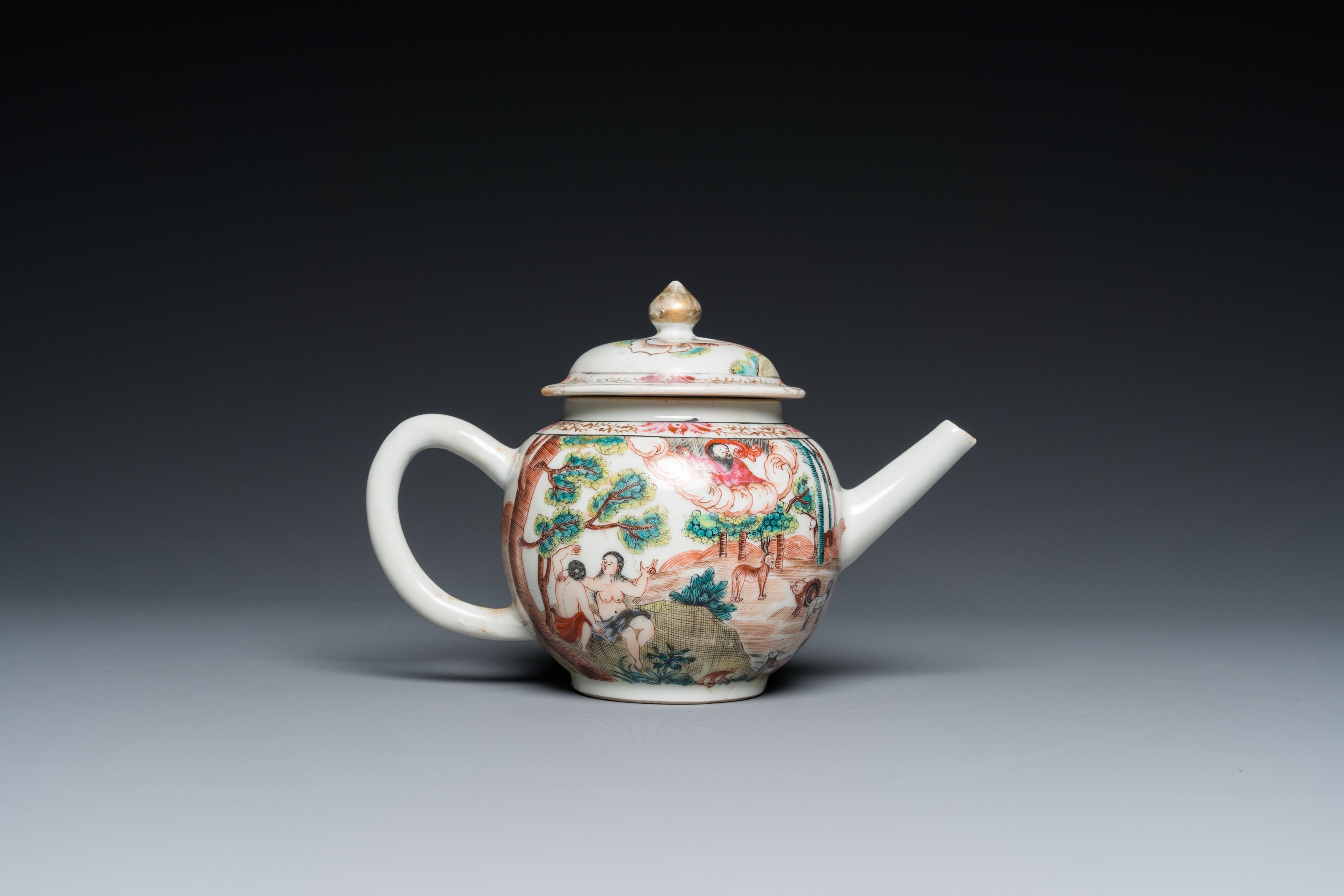 A rare Chinese famille rose 'Adam and Eve' teapot and cover, Qianlong - Image 4 of 28