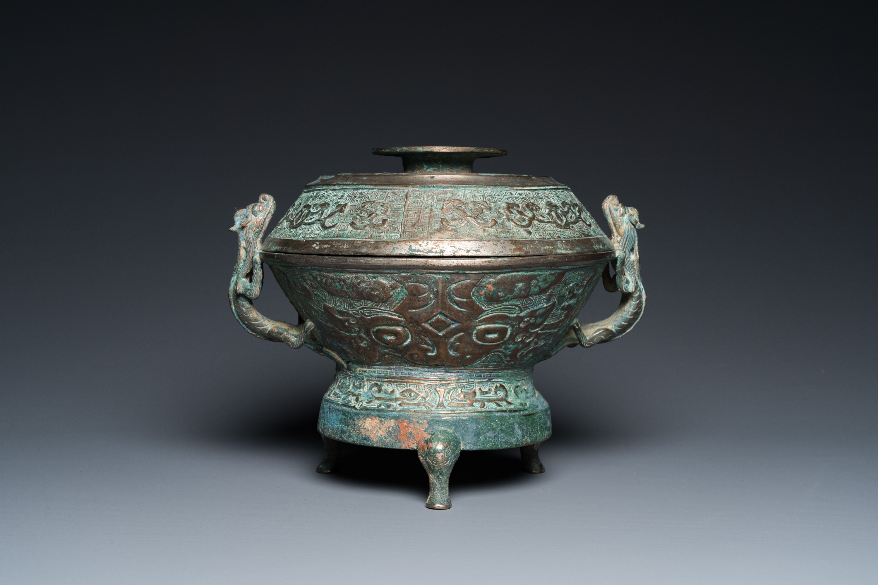 A Chinese inscribed archaistic bronze tripod censer and cover, Ming - Image 2 of 11