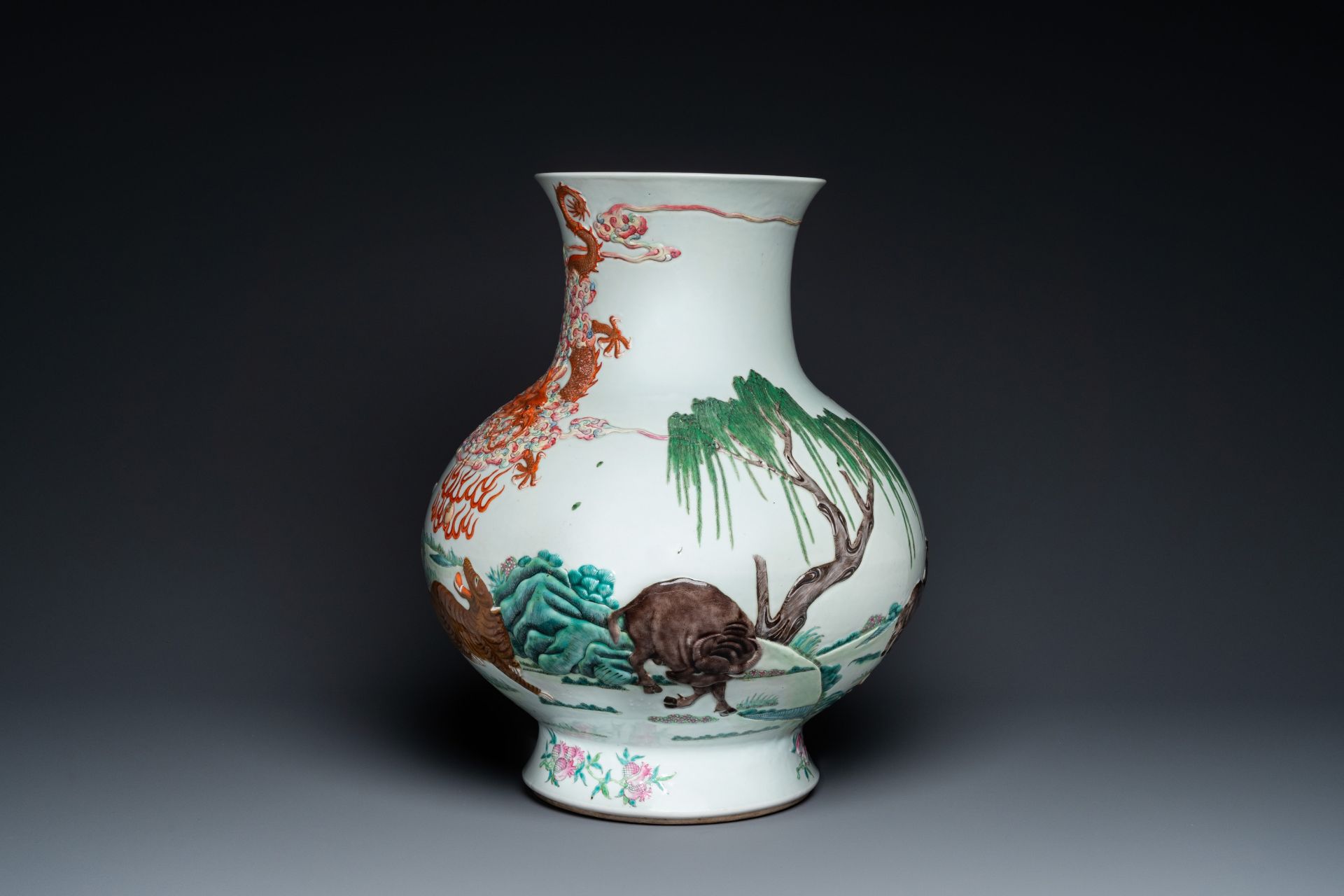 An impressive large relief-molded Chinese famille rose 'Twelve zodiac animals' vase, Qianlong mark, - Image 2 of 48