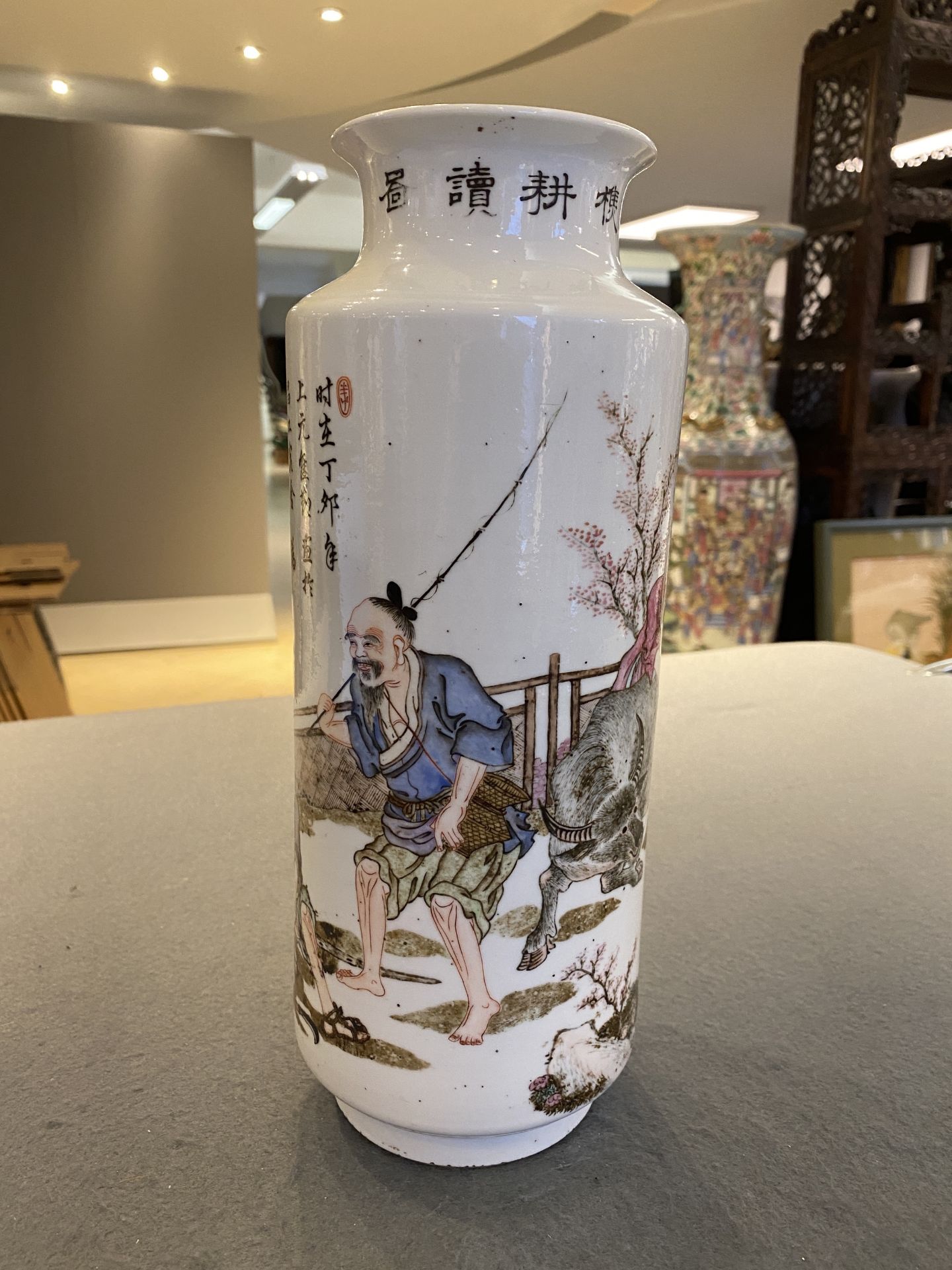 A Chinese qianjiang cai rouleau vase, signed Zhan Litang ___, dated 1867 - Image 7 of 19