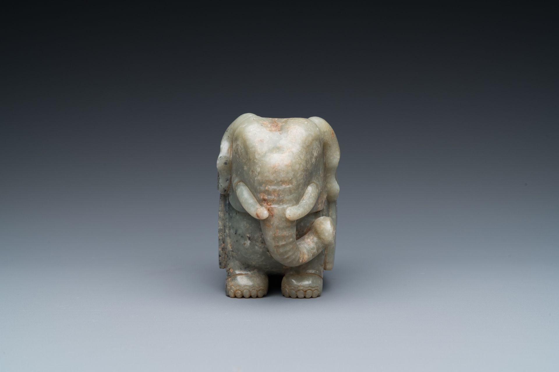 A Chinese grey-speckled celadon jade elephant, Qing - Image 3 of 18