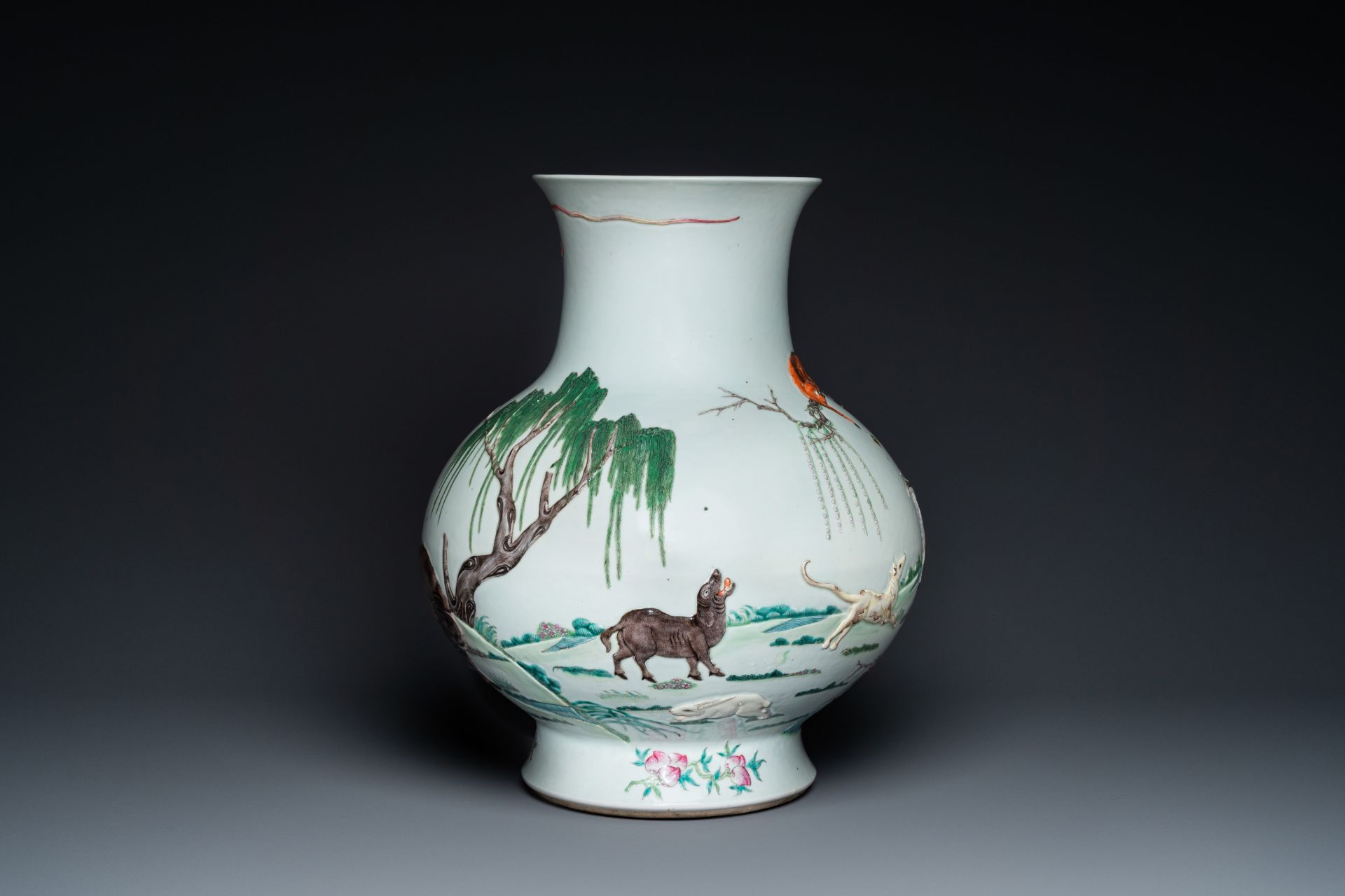 An impressive large relief-molded Chinese famille rose 'Twelve zodiac animals' vase, Qianlong mark, - Image 4 of 48