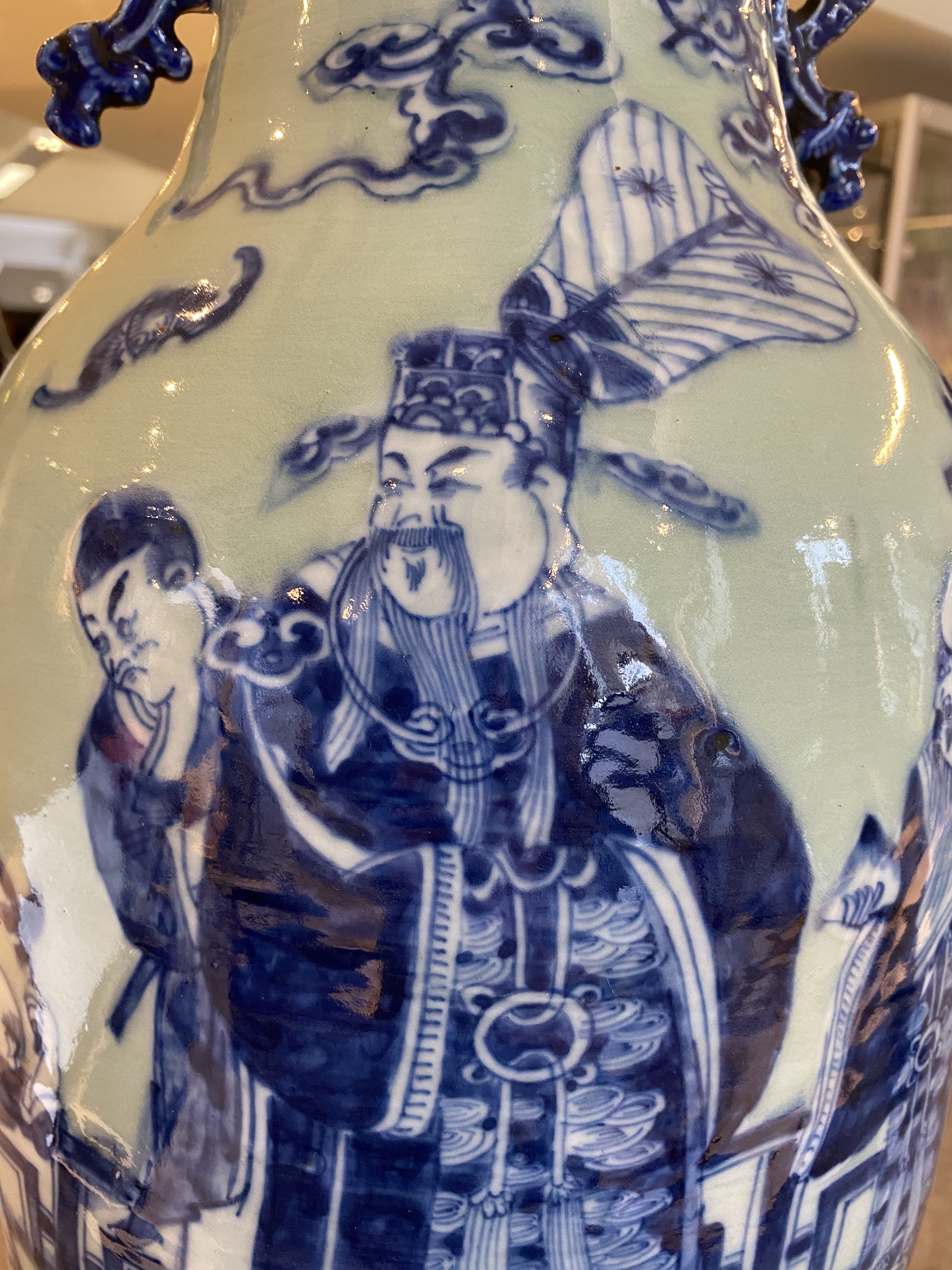 A Chinese blue and white celadon-ground 'immortals' vase, 19th C. - Image 11 of 17