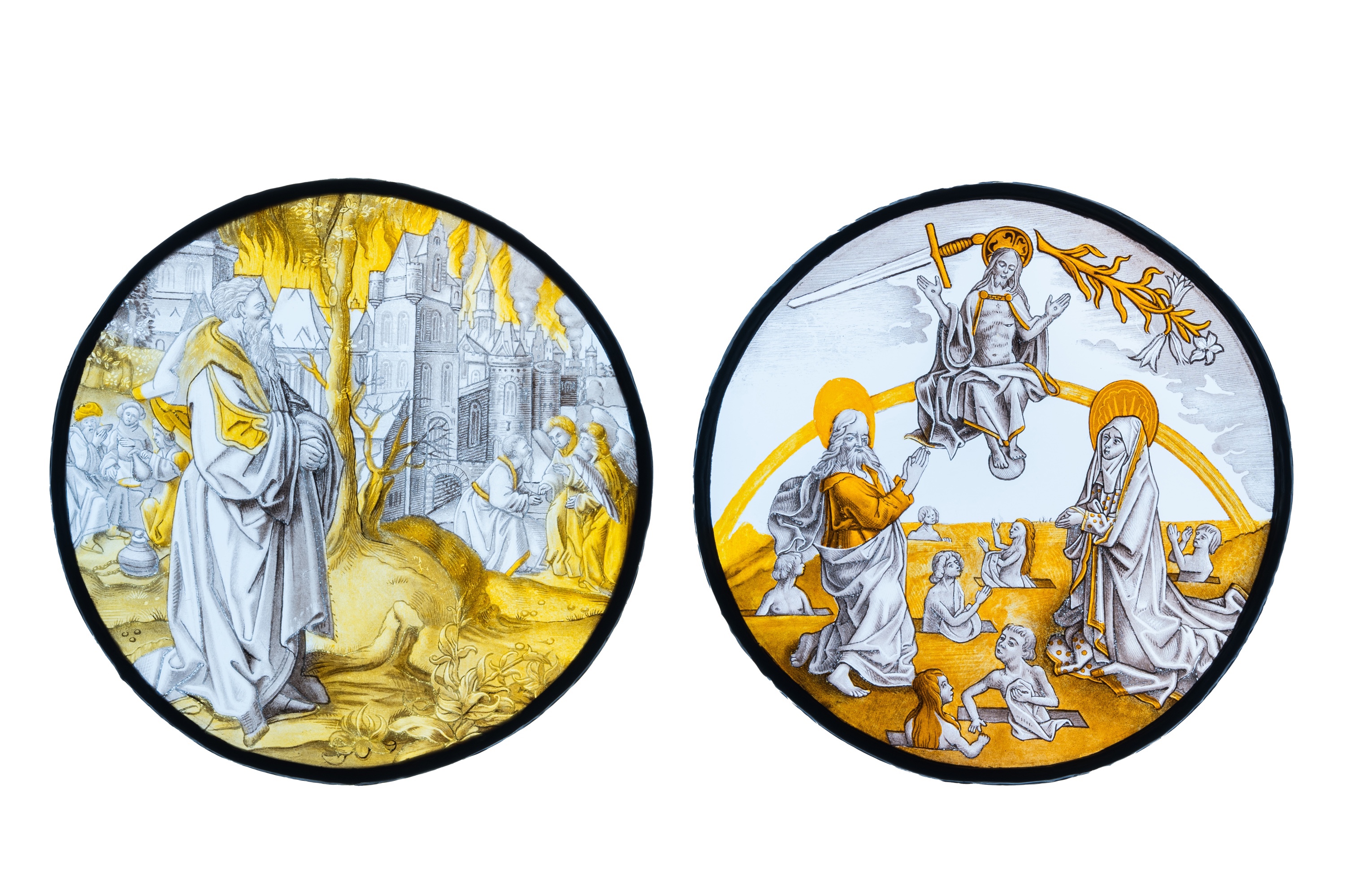 Two painted glass roundels depicting 'The Last Judgment' & 'Abraham sees Sodom in flames', Southern - Image 2 of 7