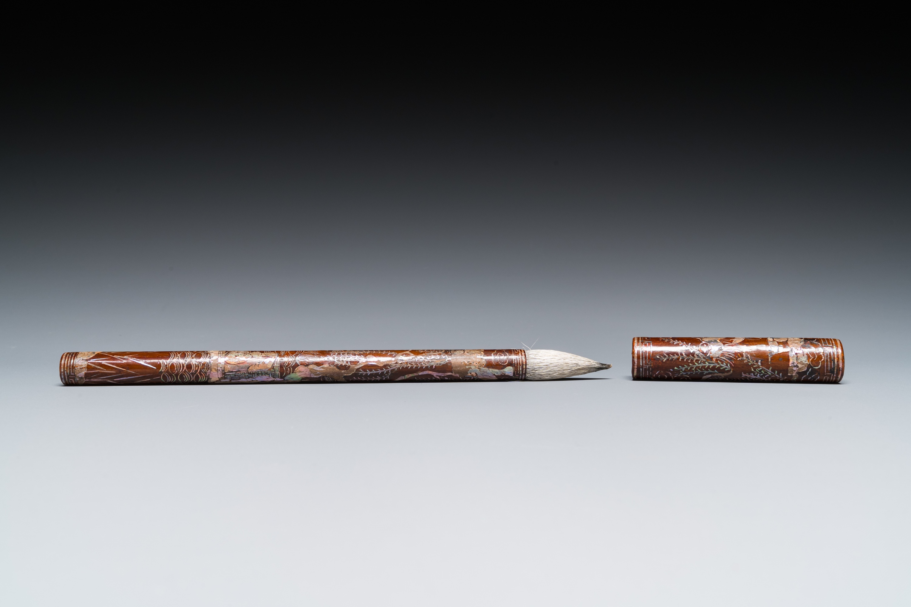 A Chinese mother-of-pearl-inlaid brown lacquer brush, Ming - Image 5 of 8