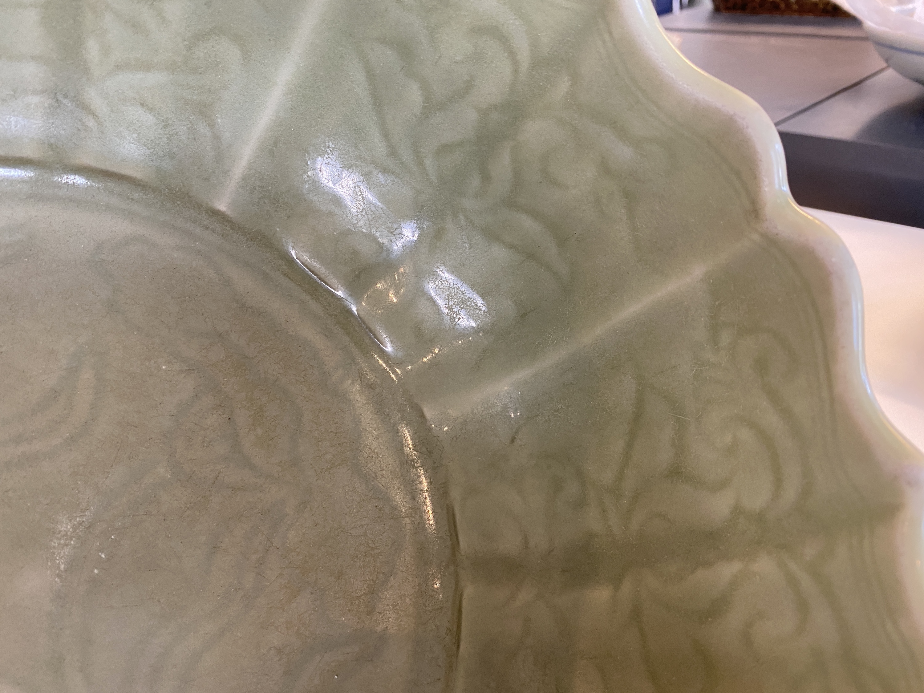 A large Chinese Longquan celadon bowl with underglaze lotus design, Ming - Image 12 of 17