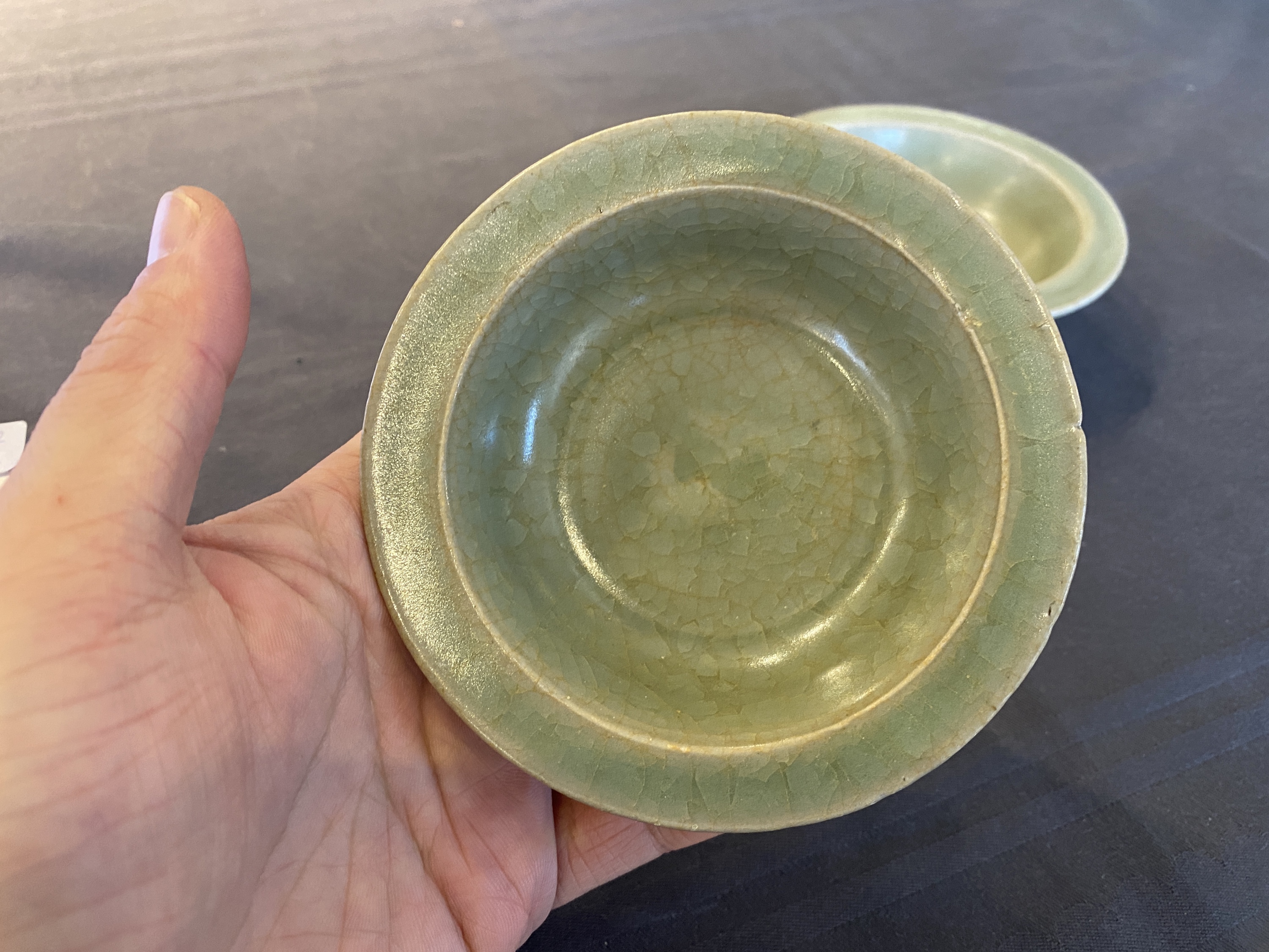 Two Chinese celadon-glazed bowls, one with twin fish, Ming - Image 5 of 14