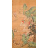 Chinese school, after Zhou Chen (1460-1535): River scene with immortals, ink and colour on silk, 18t