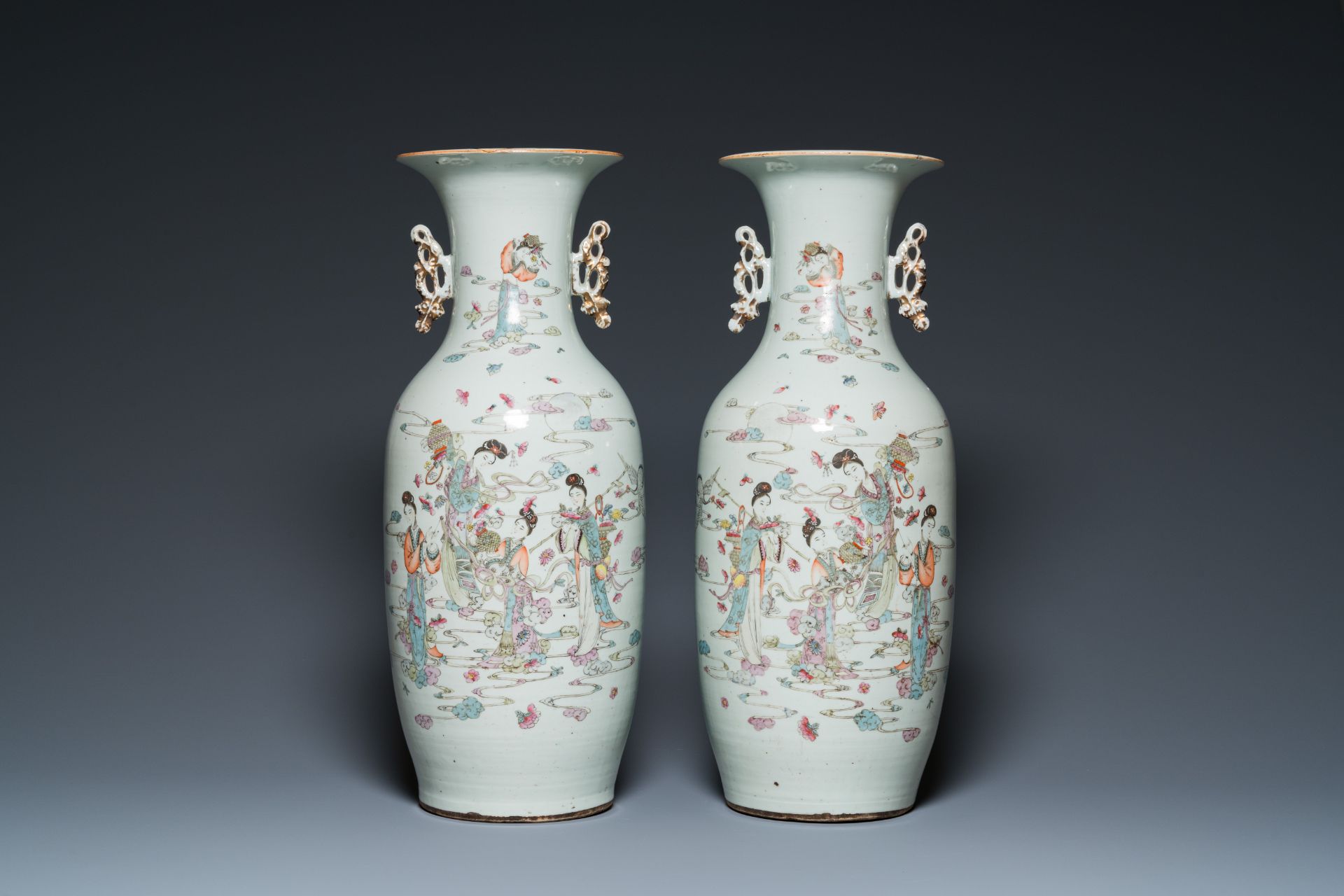 A pair of Chinese famille rose 'female immortals' vases, 19/20th C.