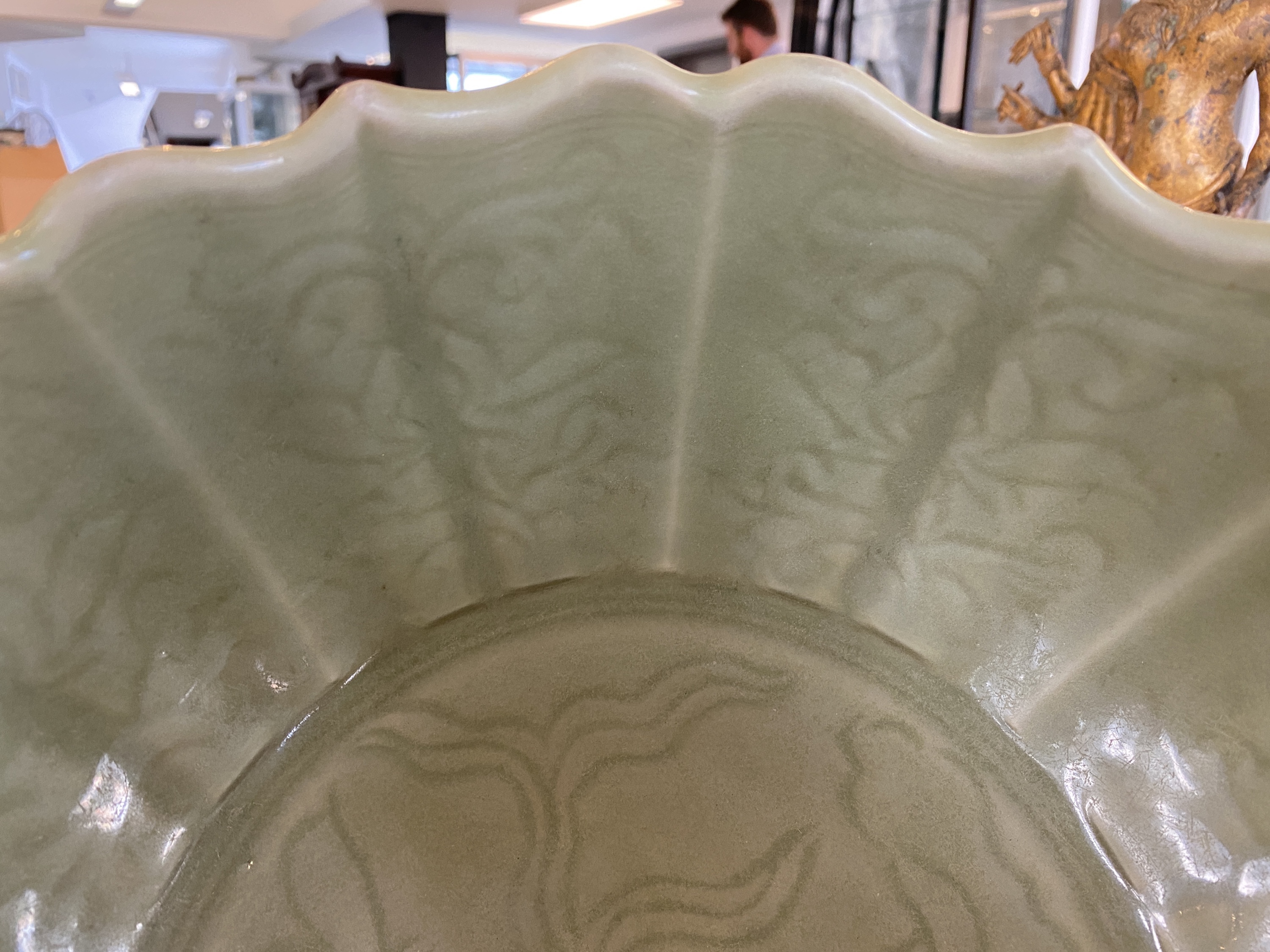 A large Chinese Longquan celadon bowl with underglaze lotus design, Ming - Image 11 of 17