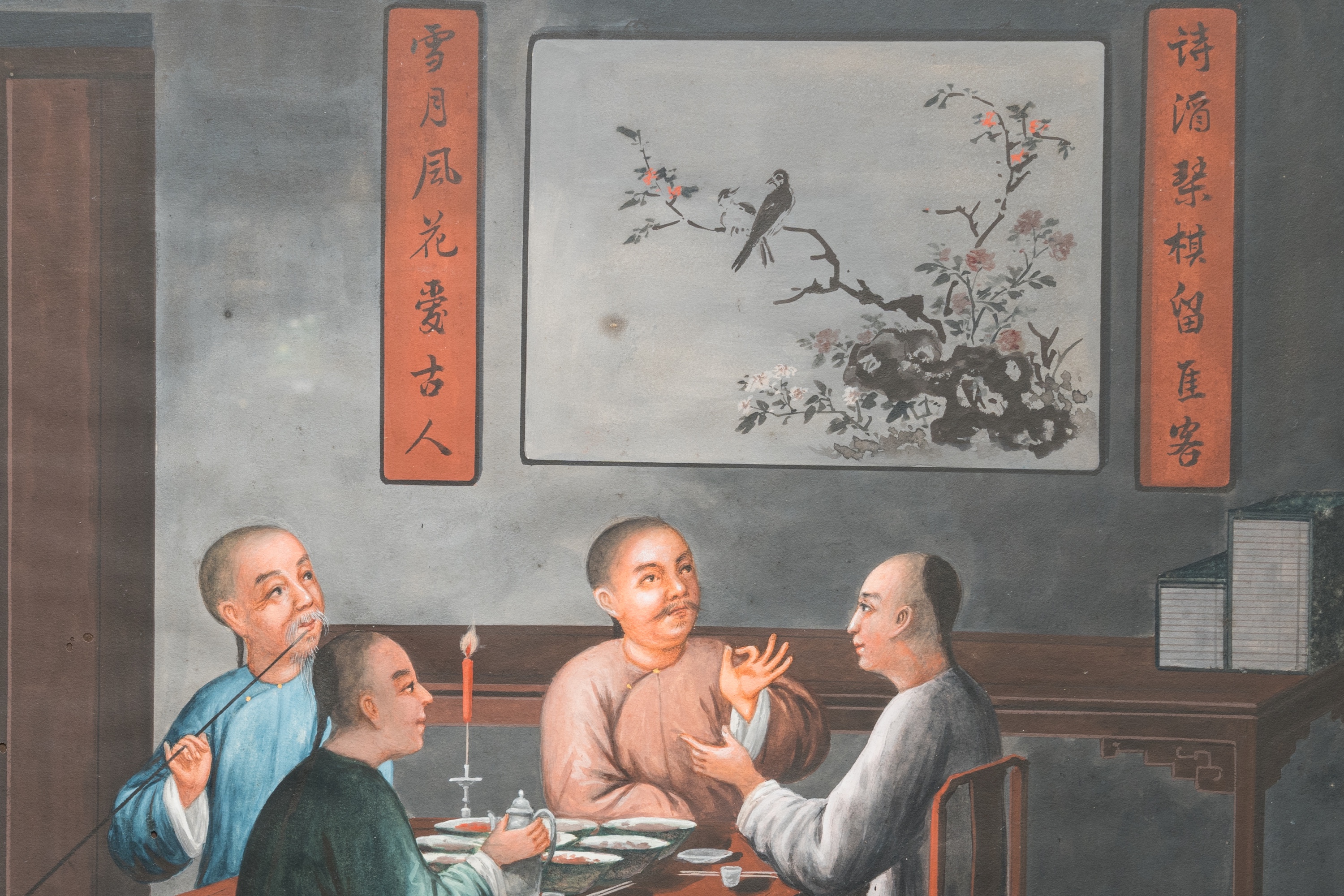 Canton school, China, 19th C.: 'Animated interior', gouache on paper - Image 2 of 4