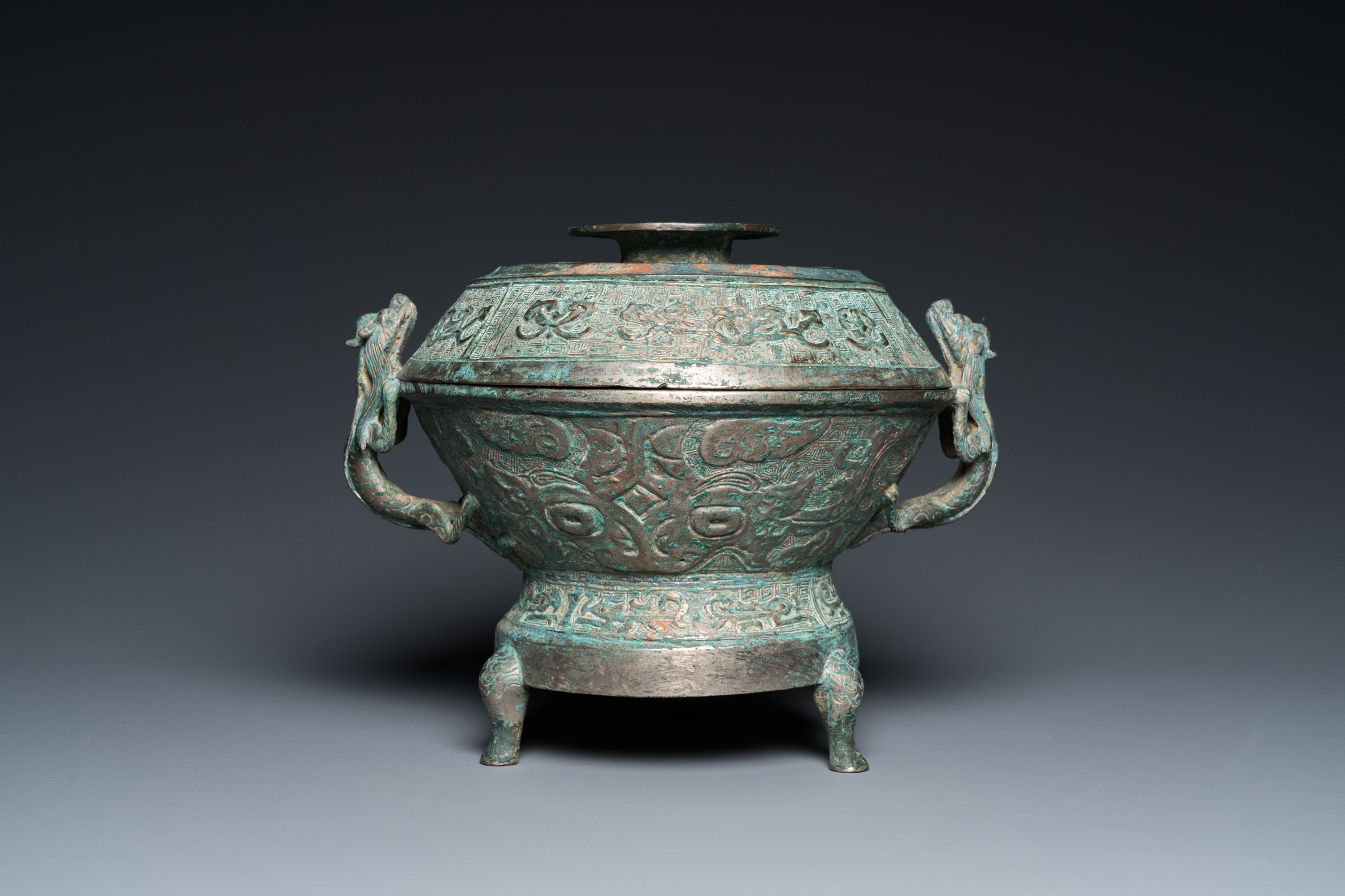 A Chinese inscribed archaistic bronze tripod censer and cover, Ming - Image 4 of 11