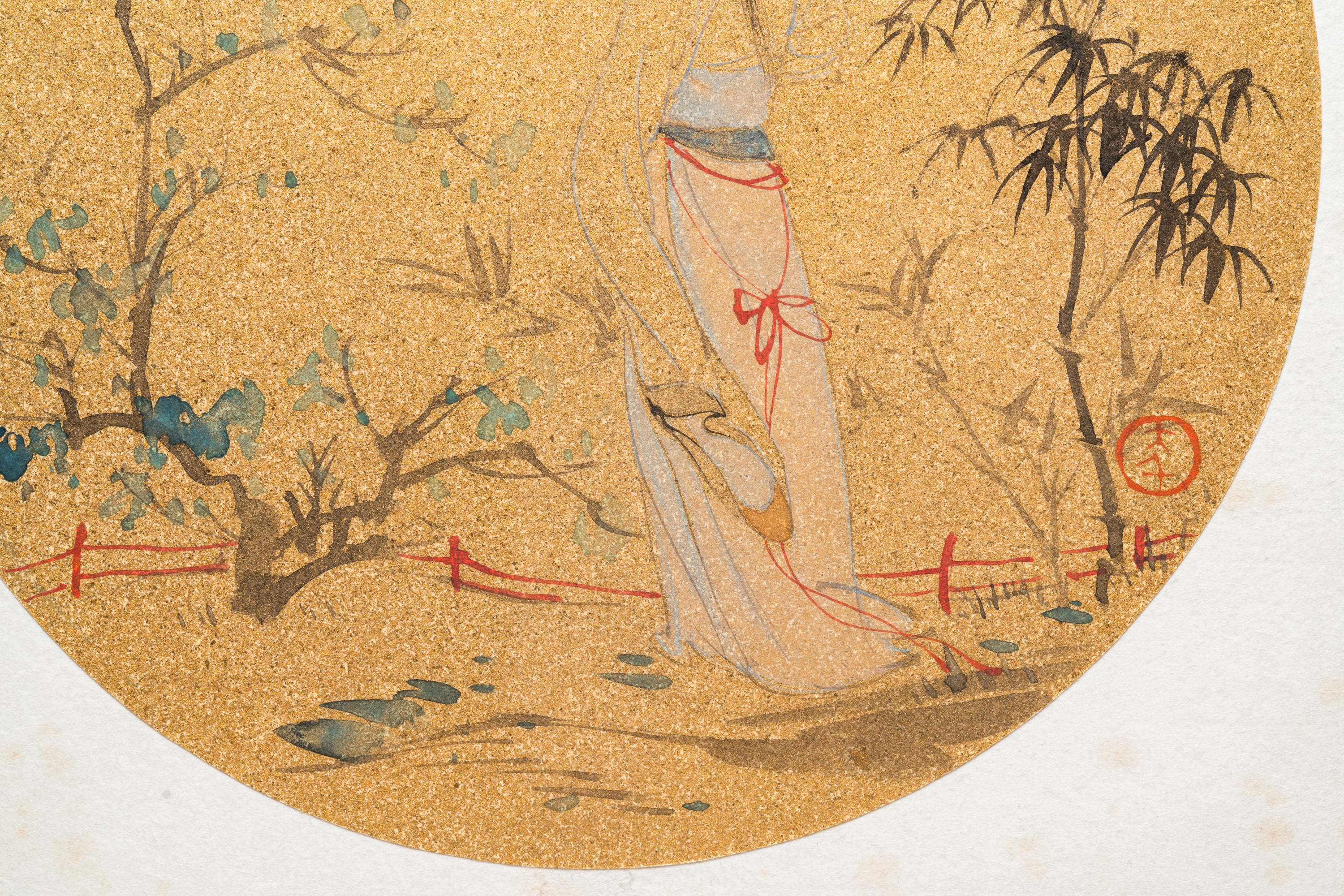 Follower of Zhang Daqian ___ (1898-1983): 'Beauty in the garden', ink and colour on gold paper - Image 4 of 5